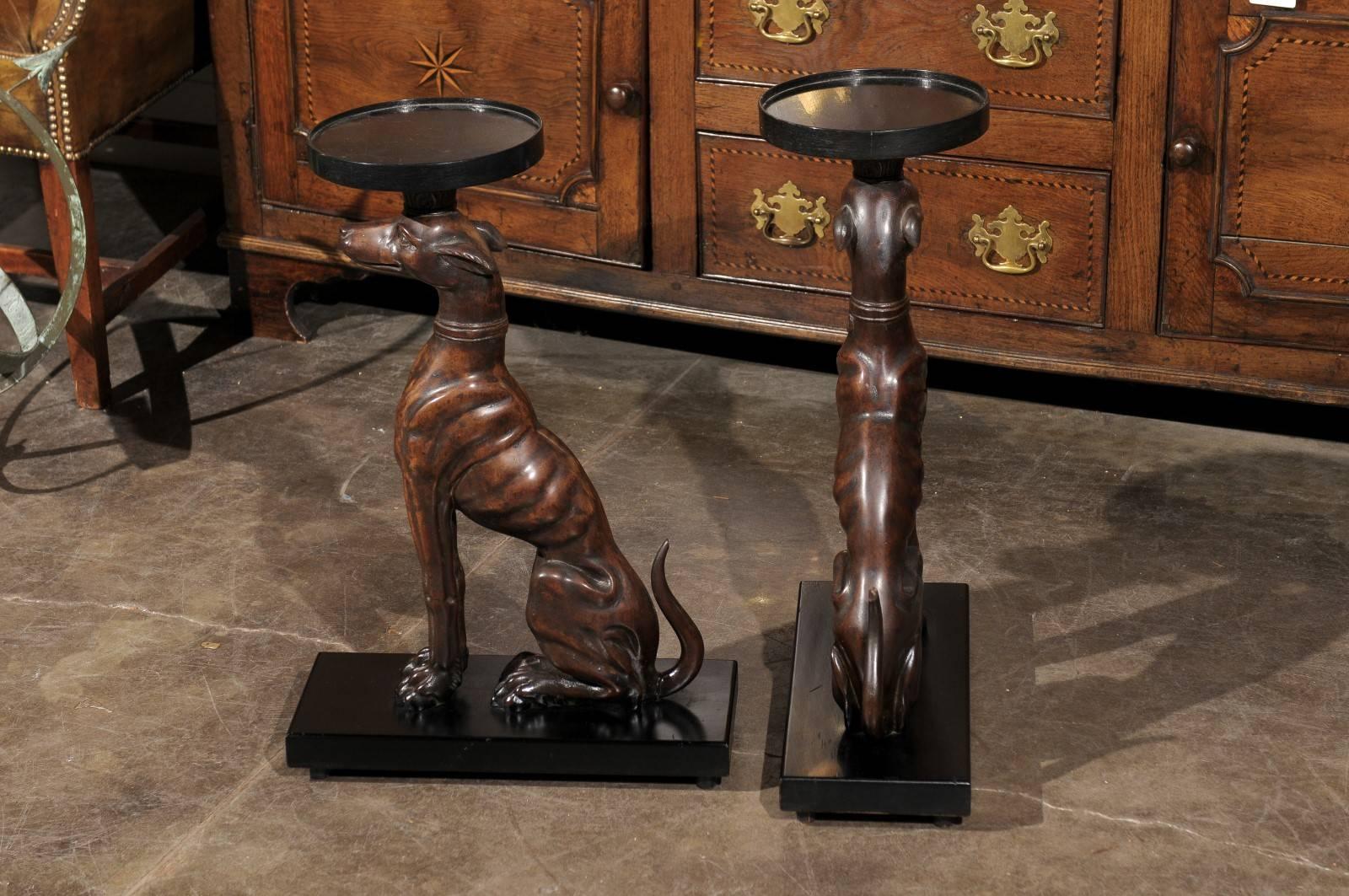 19th Century English Pair of Carved Wood Greyhound Side Tables on Bases 2