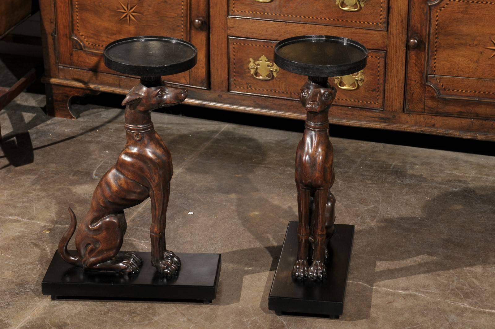 19th Century English Pair of Carved Wood Greyhound Side Tables on Bases In Good Condition In Atlanta, GA