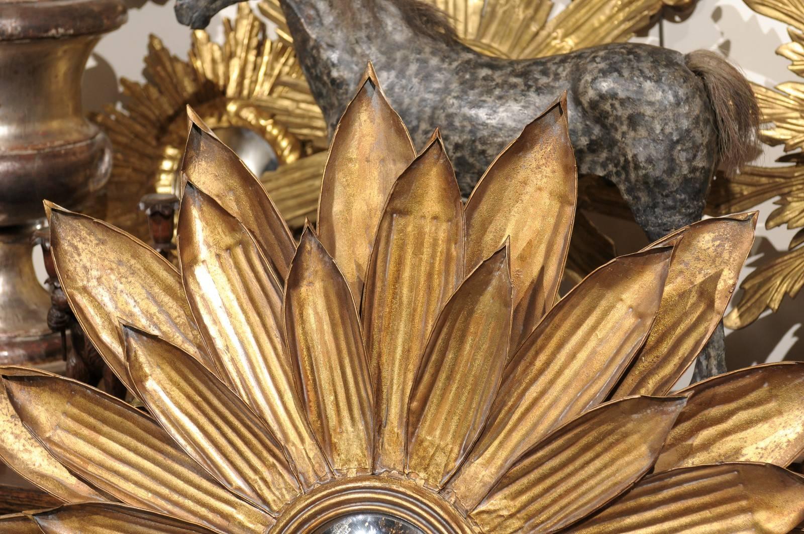 Spanish 1950s Gilt Metal Sunburst Round Convex Mirror with Pointed Ribbed Petals 1