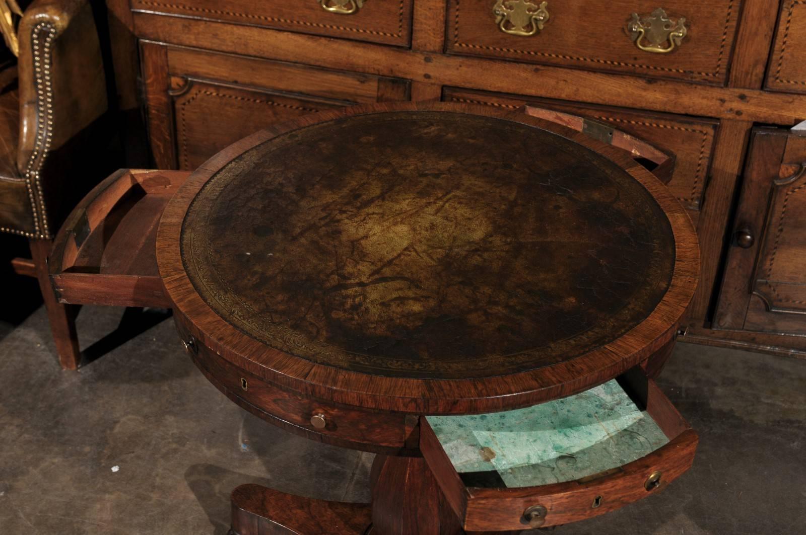 English 19th century Regency Leather Top Drum Table with Triangular Base 1
