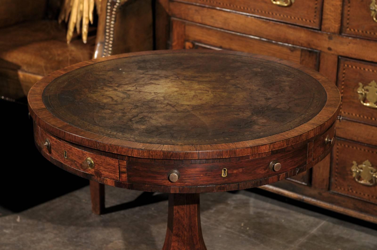 19th Century English 19th century Regency Leather Top Drum Table with Triangular Base