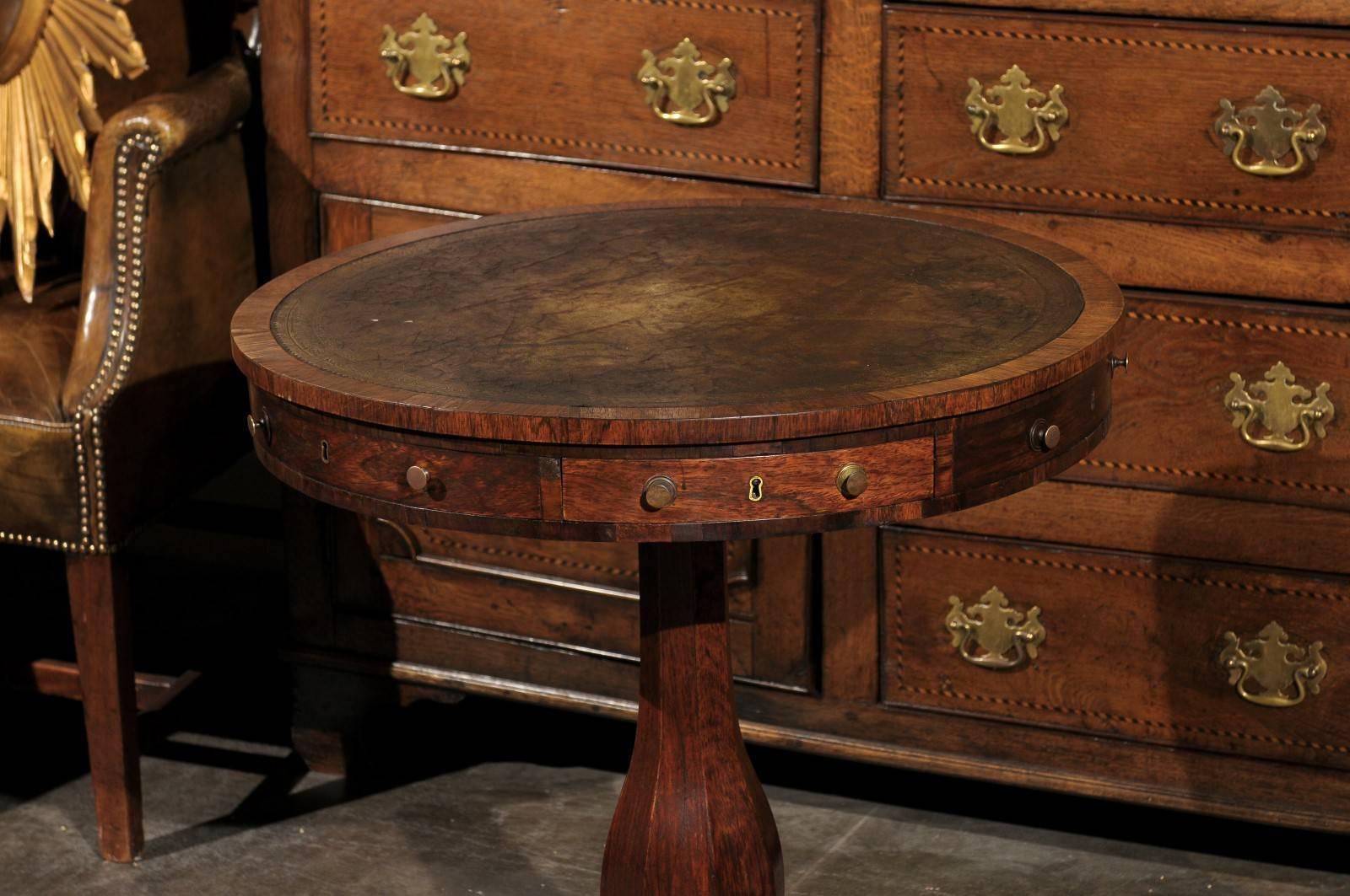 English 19th century Regency Leather Top Drum Table with Triangular Base 3