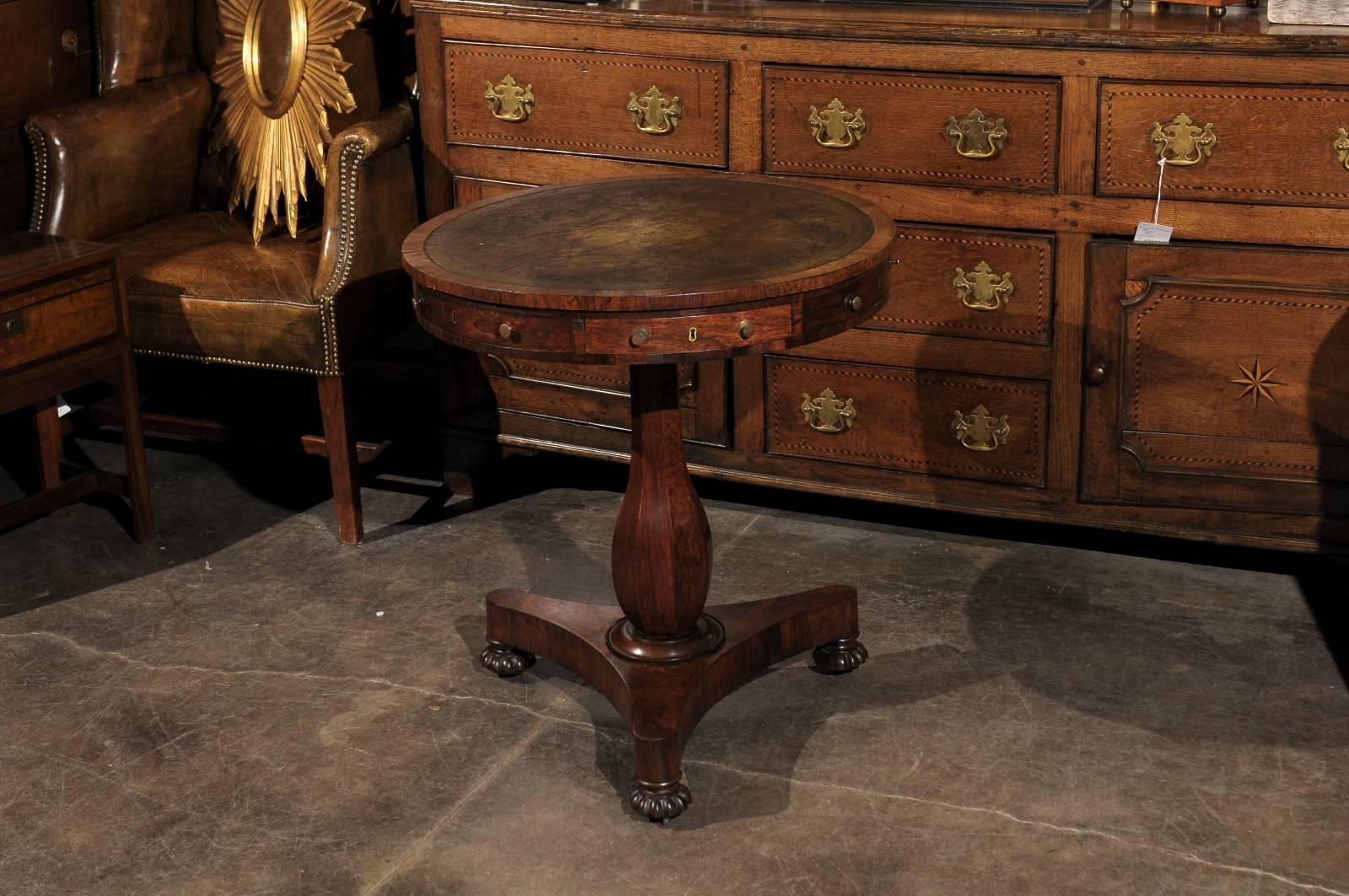English 19th century Regency Leather Top Drum Table with Triangular Base In Excellent Condition In Atlanta, GA