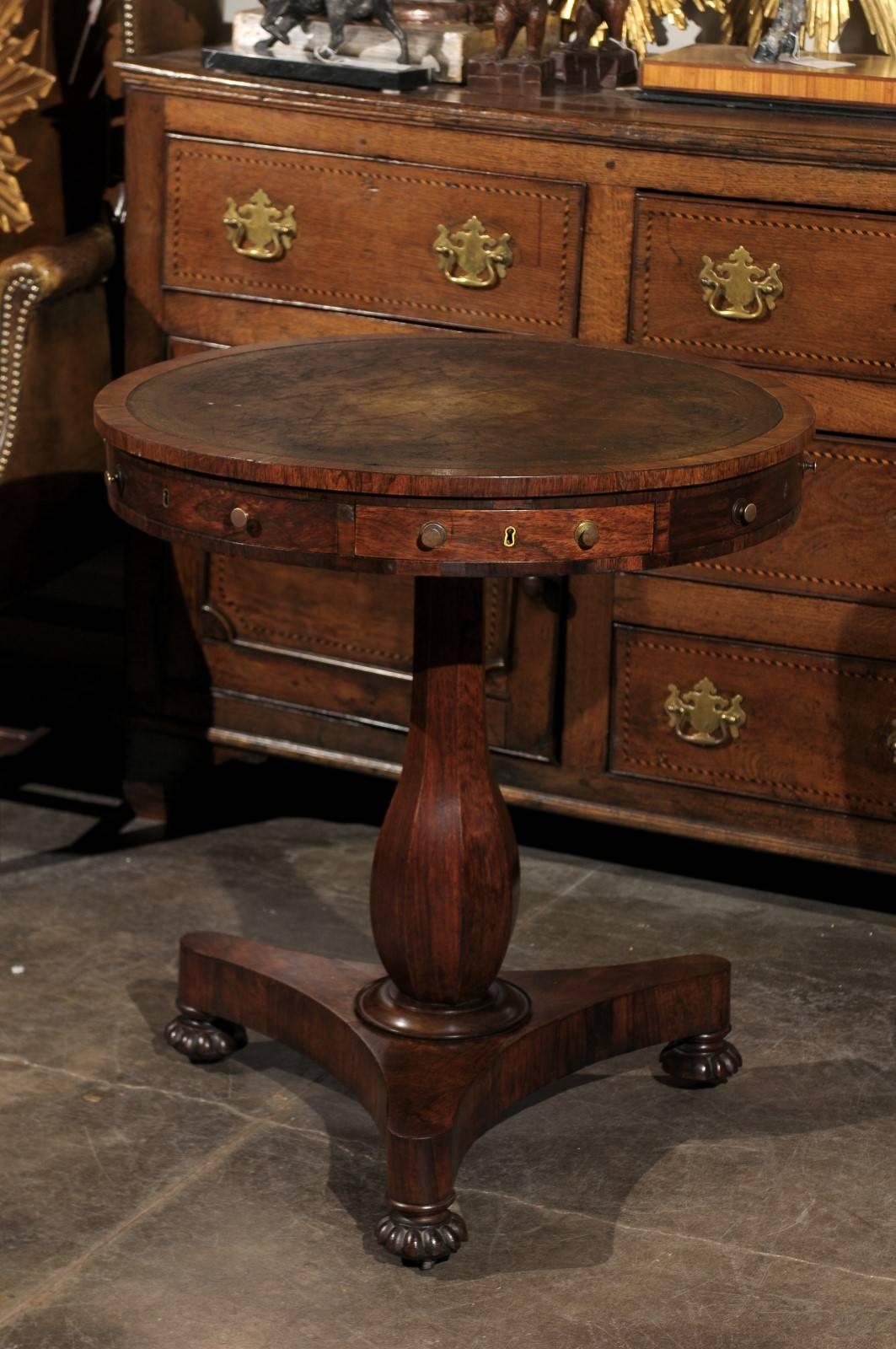 English 19th century Regency Leather Top Drum Table with Triangular Base 5