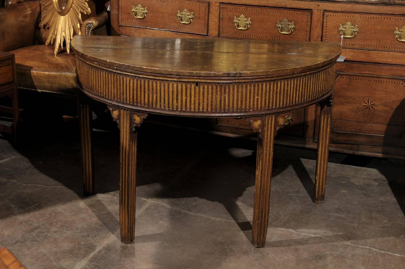 Pair of English Neoclassical Style 1880s Painted Demi-Lune Tables with Lift Tops In Good Condition In Atlanta, GA