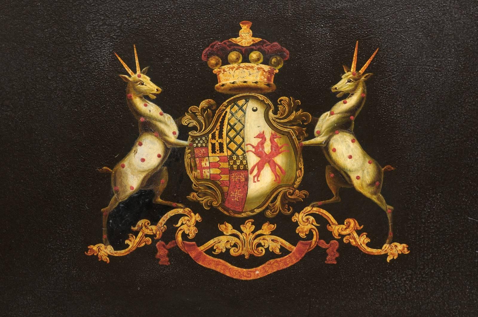 20th Century English Turn of the Century Antelope Coat of Arms Oil on Board Painting