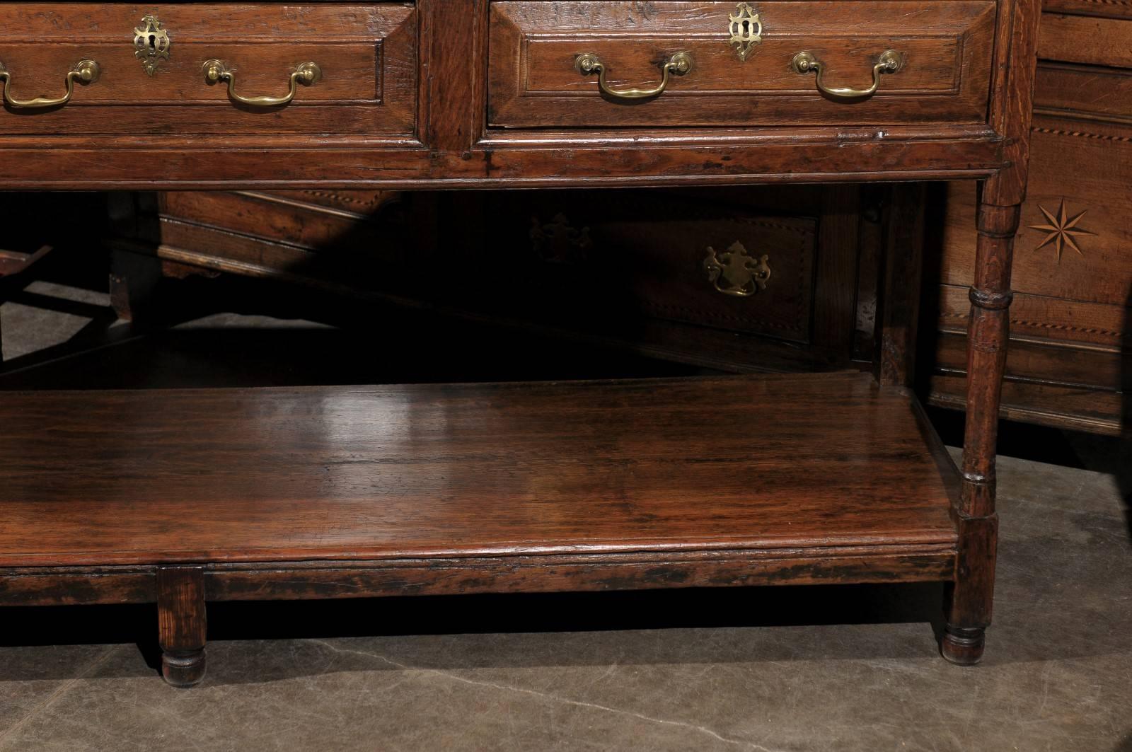 19th Century English Georgian Oak Dresser Base with Base and Three Drawers In Good Condition In Atlanta, GA
