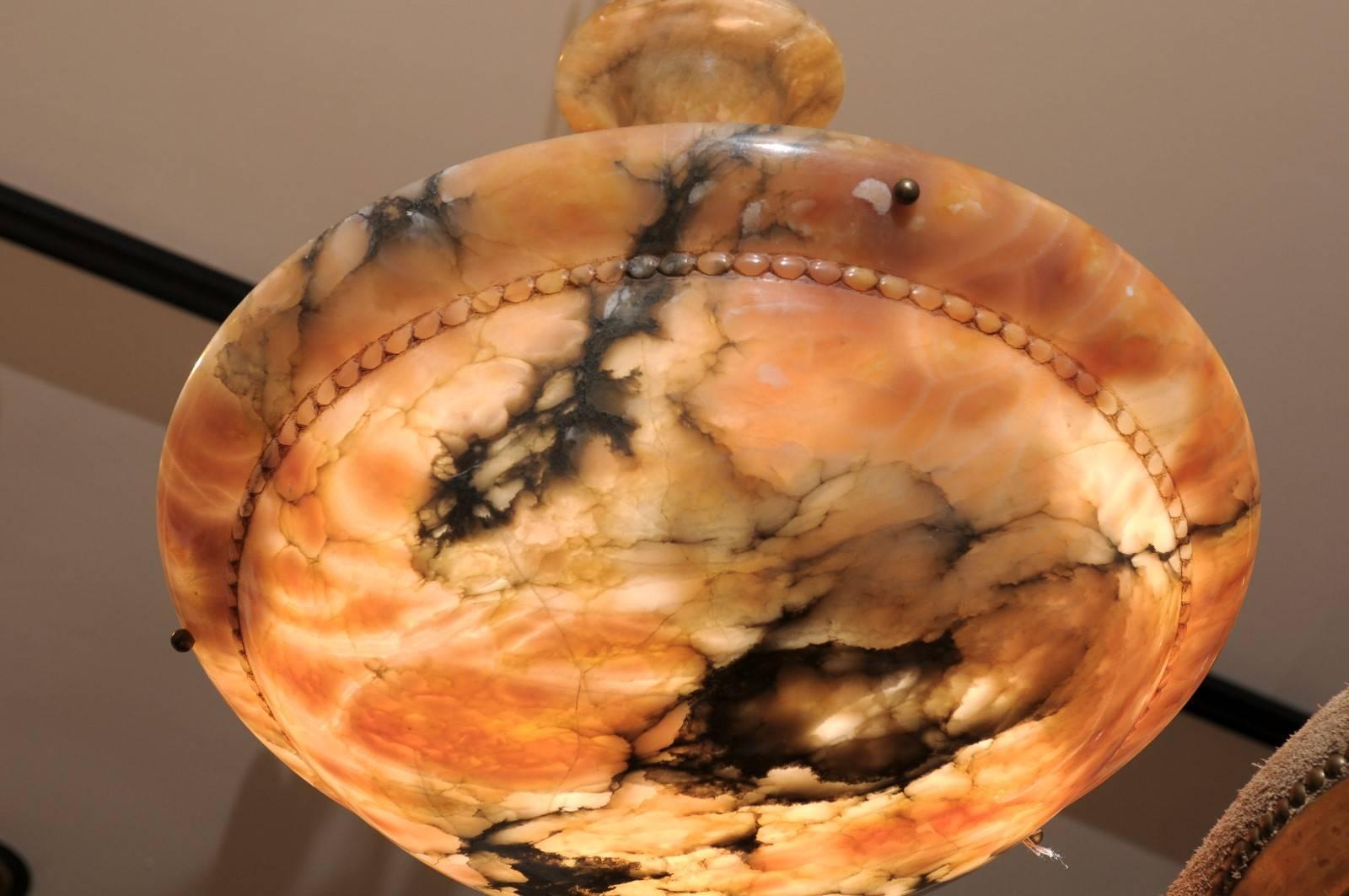 Art Deco French Carved Veined Alabaster Ceiling Light  with Matching Canopy, circa 1930