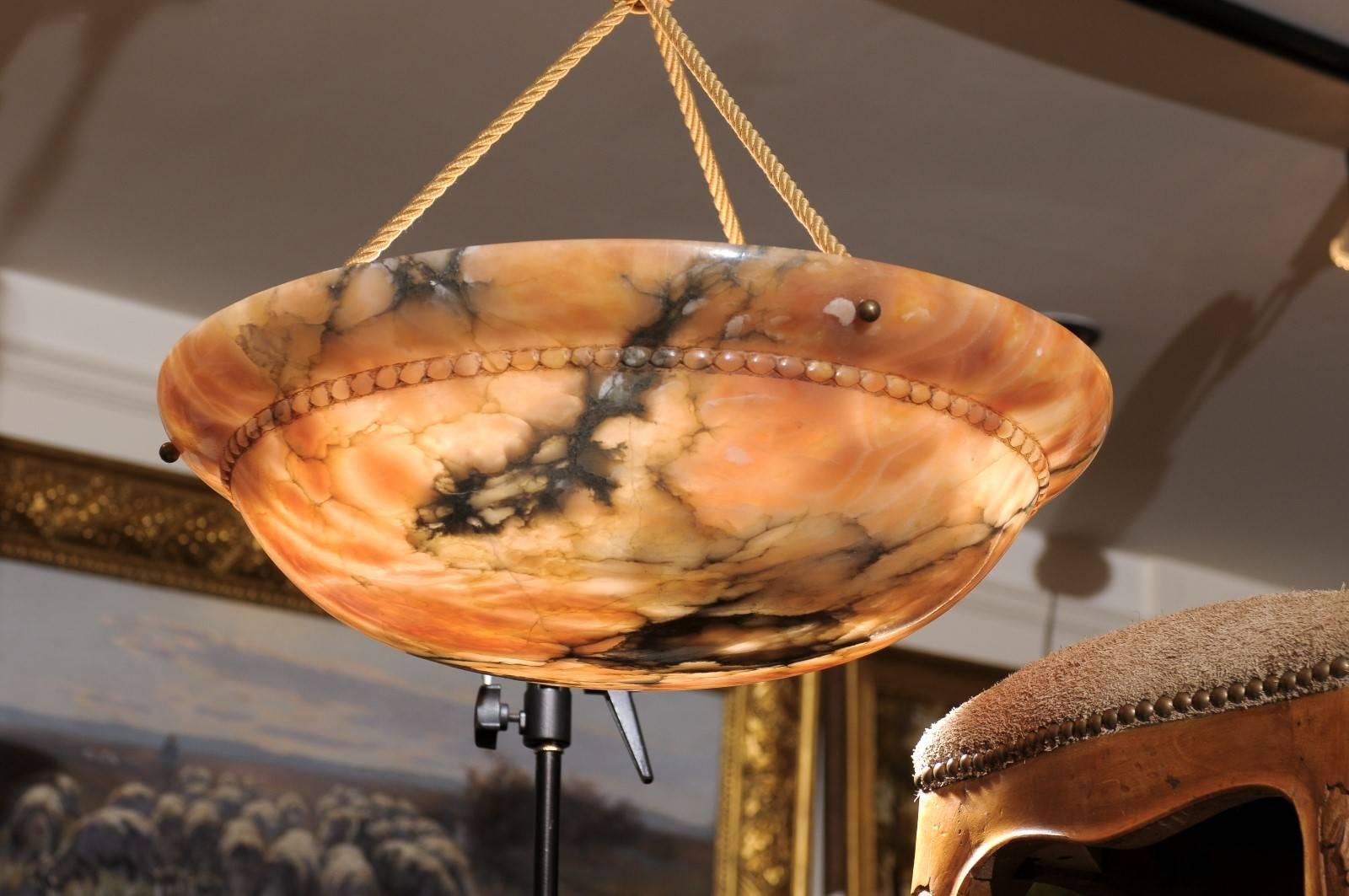 French Carved Veined Alabaster Ceiling Light  with Matching Canopy, circa 1930 In Good Condition In Atlanta, GA