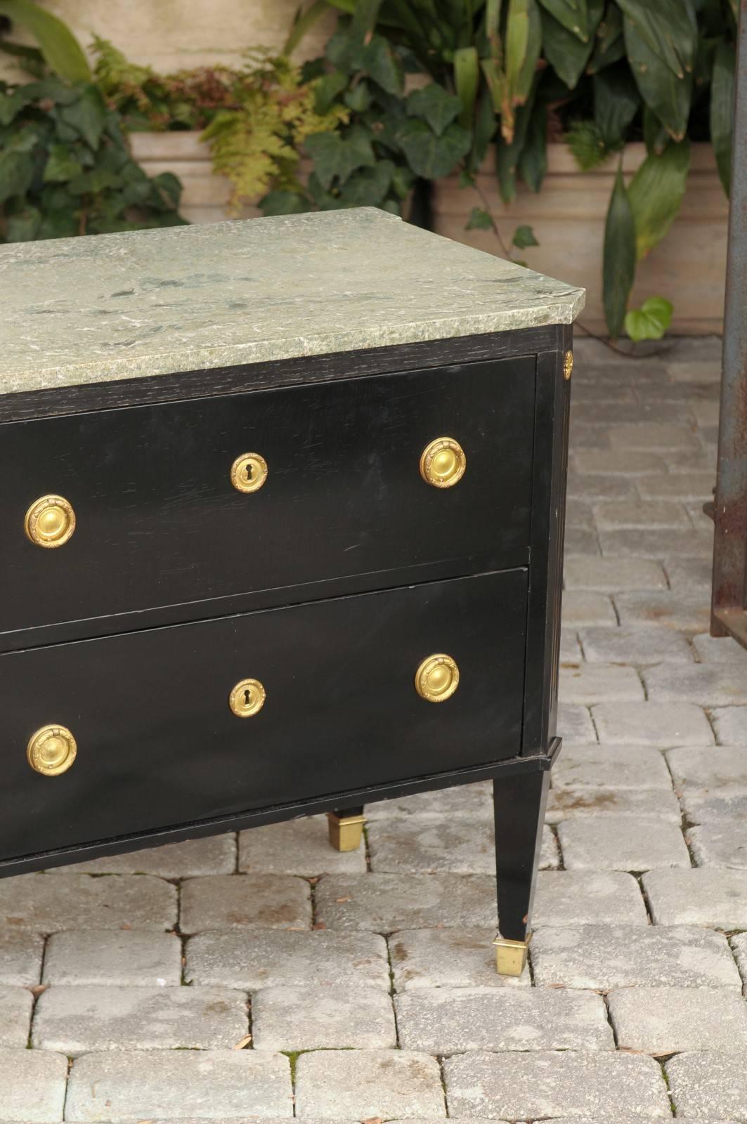 Brass 1860s Parcel-Gilt Ebonized Biedermeier Chest with Drawers and Marble Top 