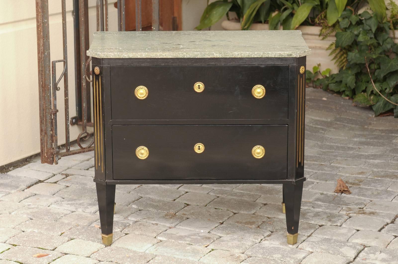 19th Century 1860s Parcel-Gilt Ebonized Biedermeier Chest with Drawers and Marble Top 