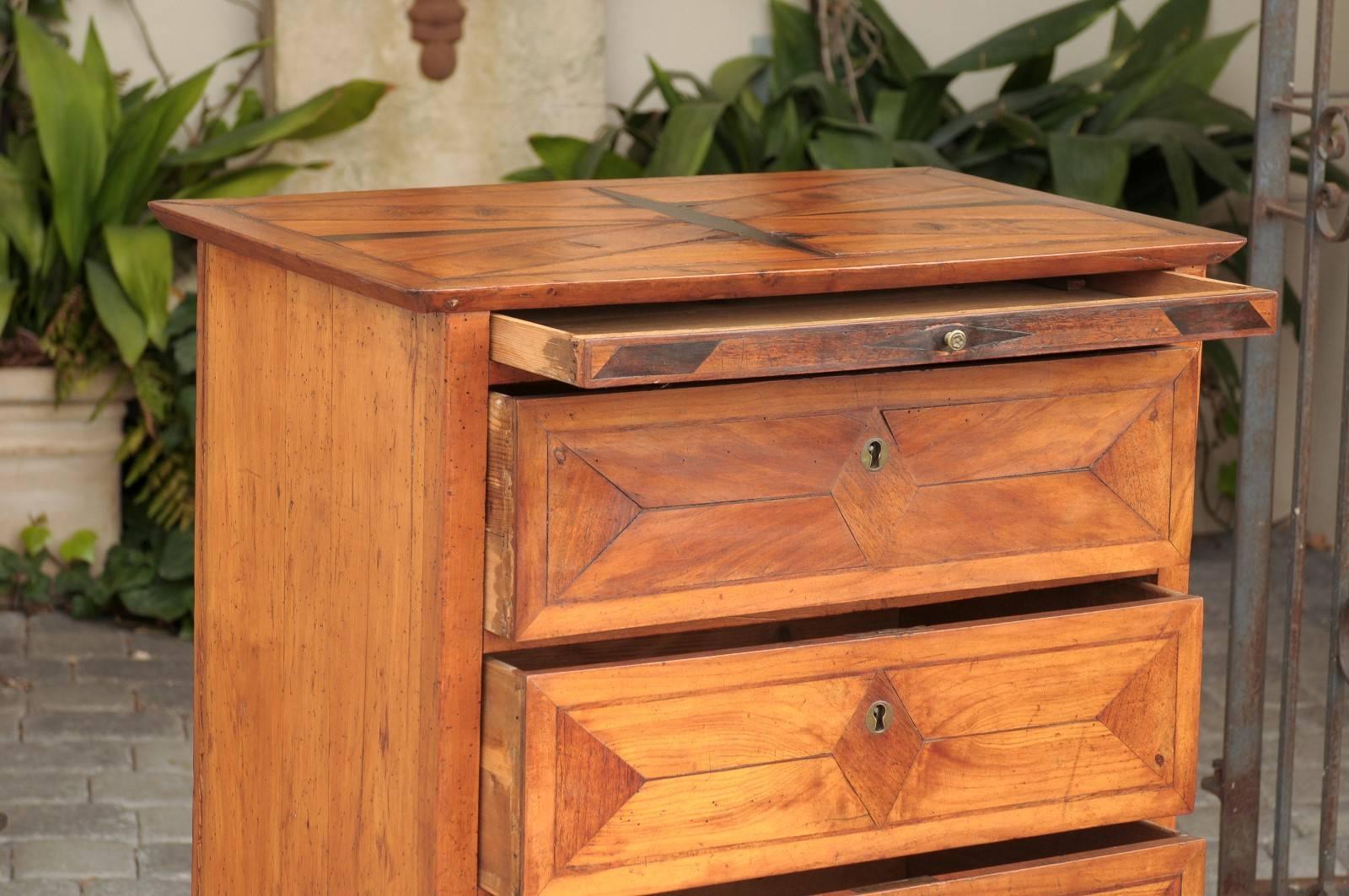 19th Century Italian Parquetry Inlaid Narrow Chest of Four Drawers and Pull-out In Good Condition In Atlanta, GA