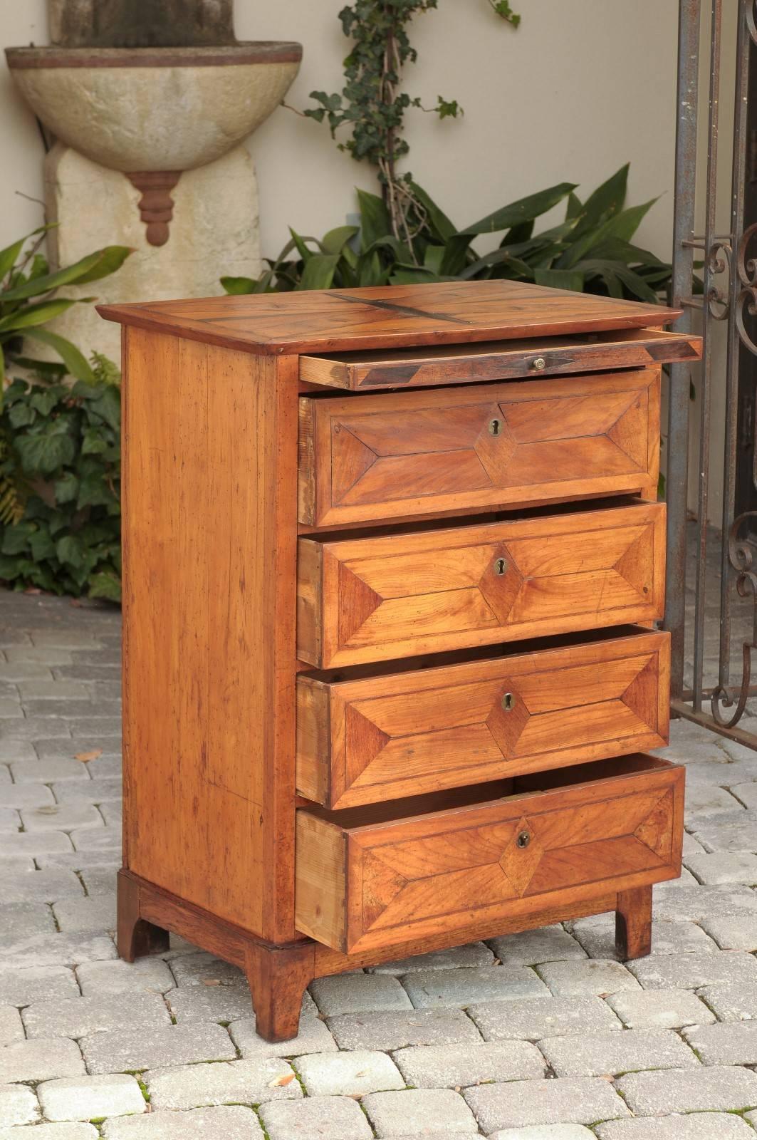 19th Century Italian Parquetry Inlaid Narrow Chest of Four Drawers and Pull-out 1