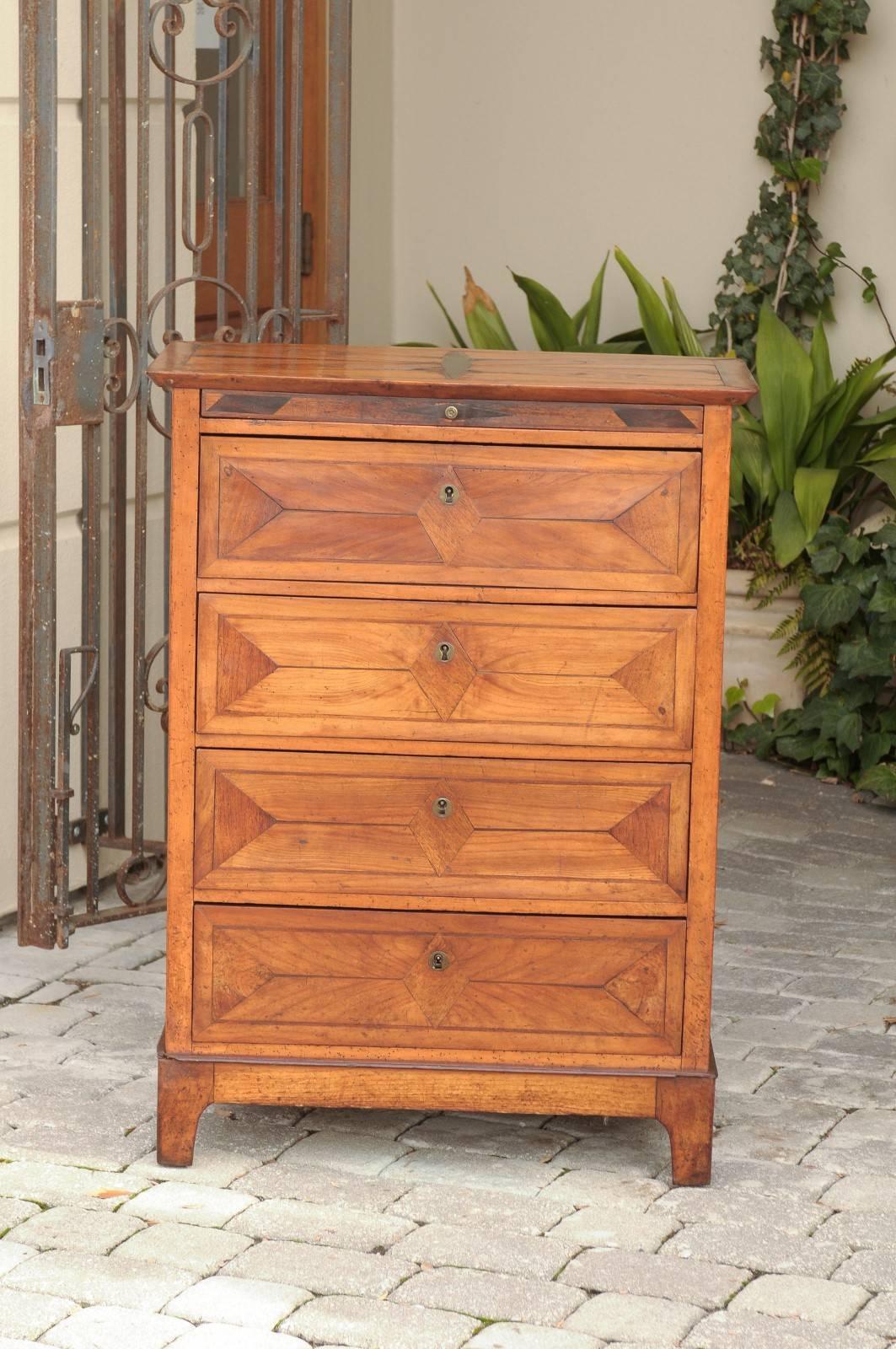 19th Century Italian Parquetry Inlaid Narrow Chest of Four Drawers and Pull-out 4