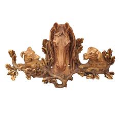 Architectural Wood Carved Horse Head with Dog Heads