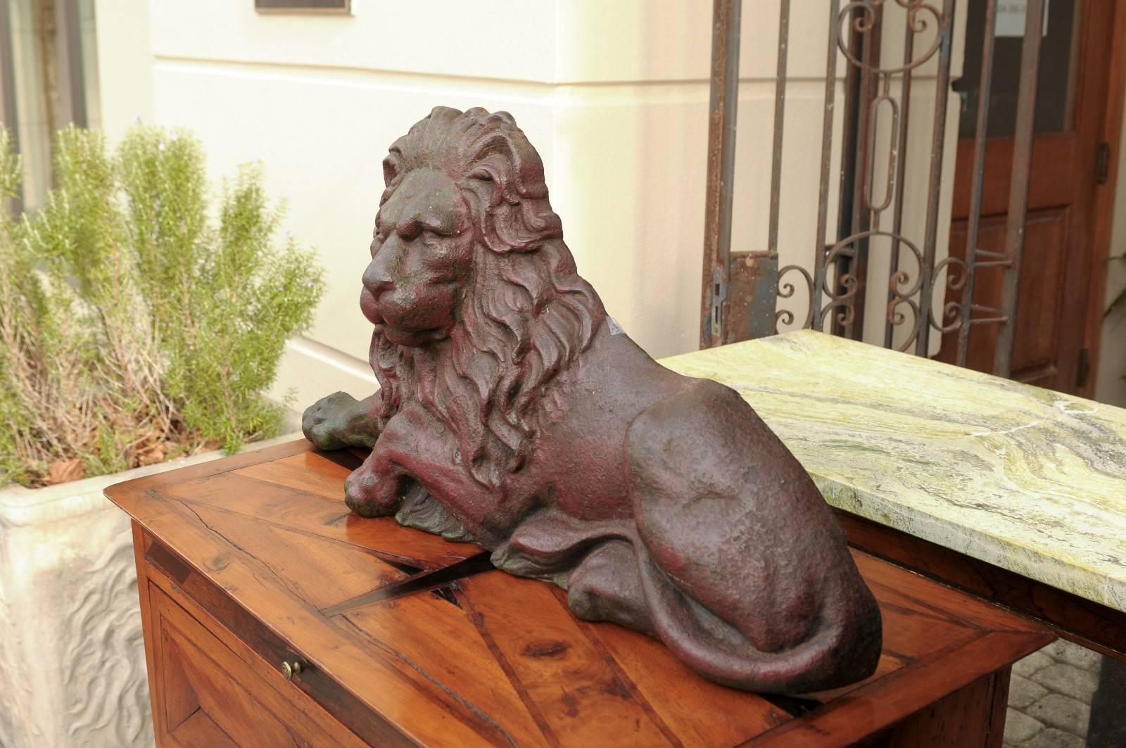 19th Century 19th century Victorian English Cast-Iron Lion Doorstop with Old Red Patina For Sale