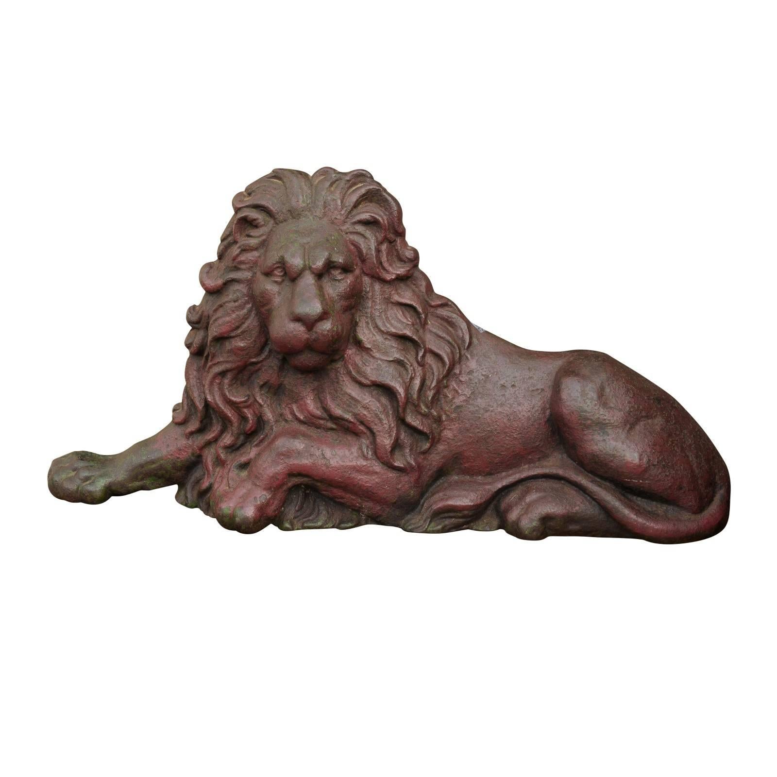 19th century Victorian English Cast-Iron Lion Doorstop with Old Red Patina For Sale