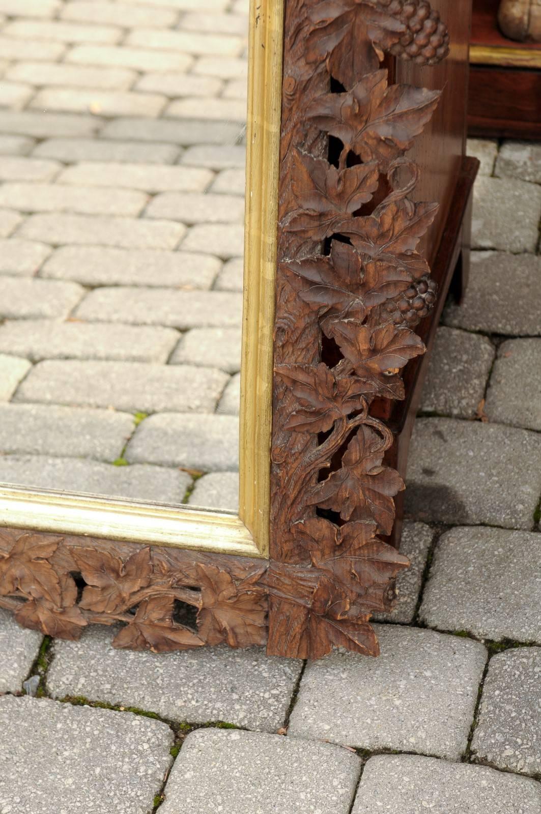 Black Forest 1880s Carved Wooden Rectangular Mirror with Openwork Grapevines 1