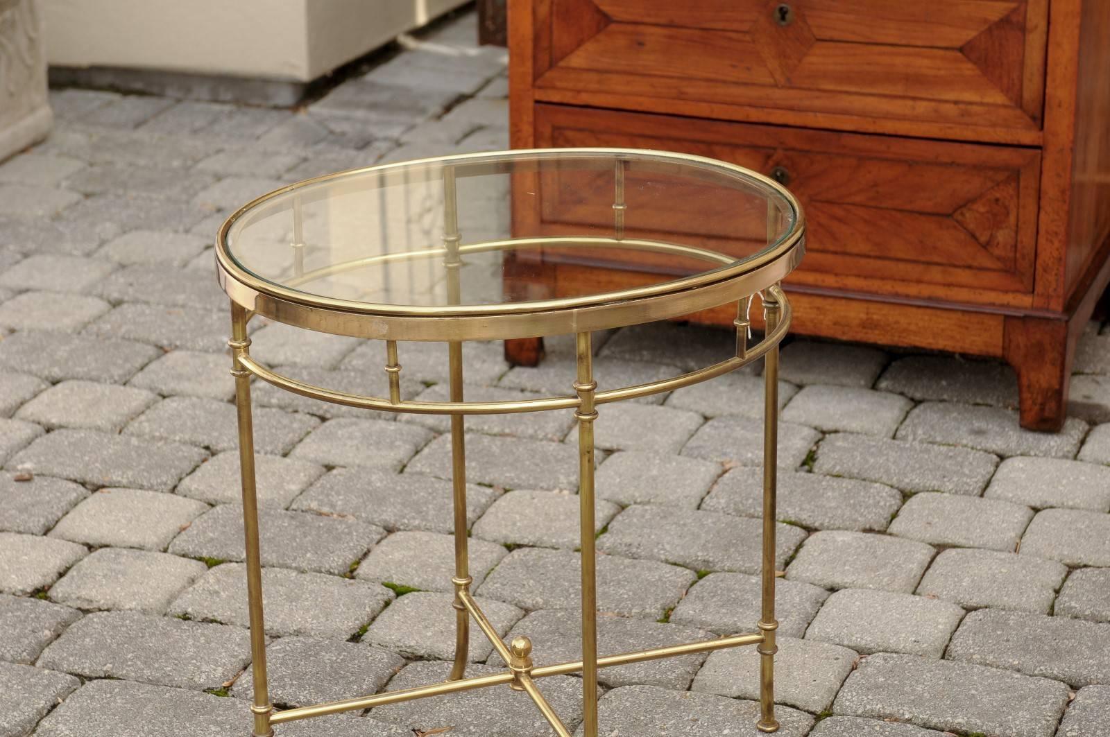 Italian Mid Century Oval Brass and Glass Top Side Table with Splayed Feet In Excellent Condition In Atlanta, GA
