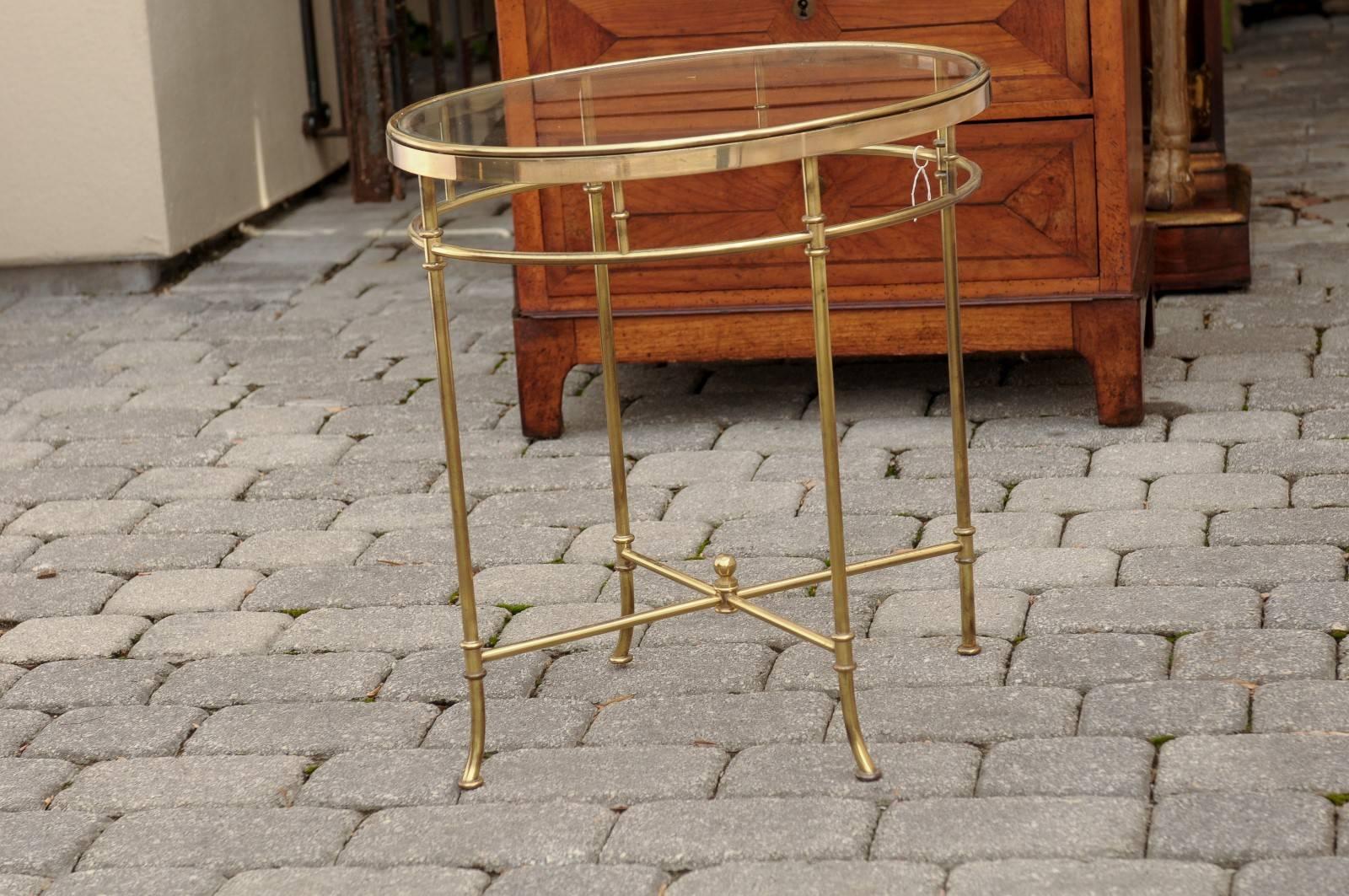 Mid-Century Modern Italian Mid Century Oval Brass and Glass Top Side Table with Splayed Feet