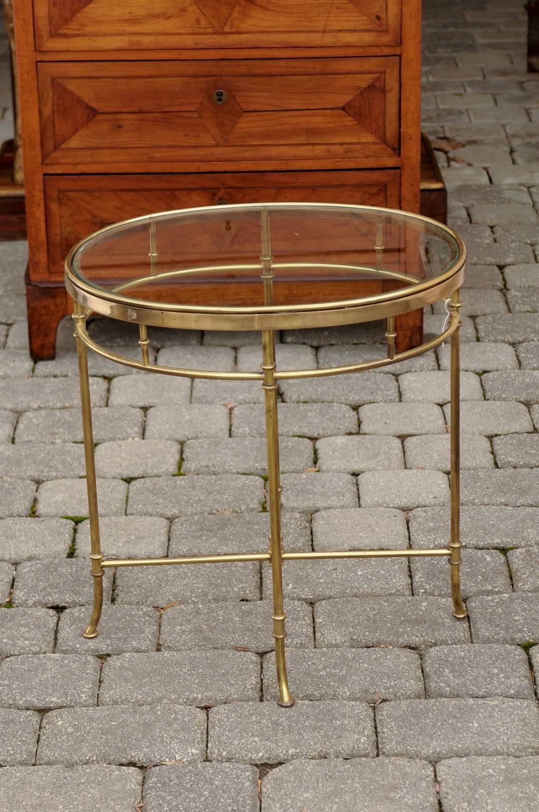 20th Century Italian Mid Century Oval Brass and Glass Top Side Table with Splayed Feet