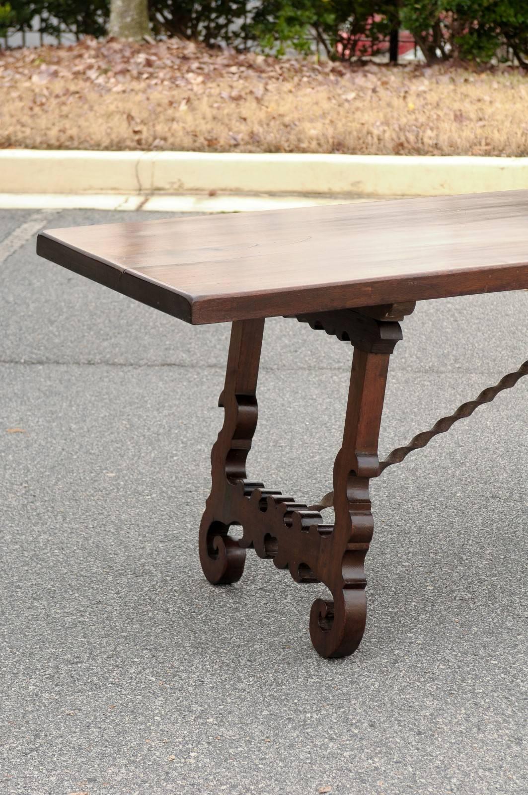 19th Century Italian Baroque Style Long Wooden Trestle Table with Iron Stretcher In Good Condition In Atlanta, GA