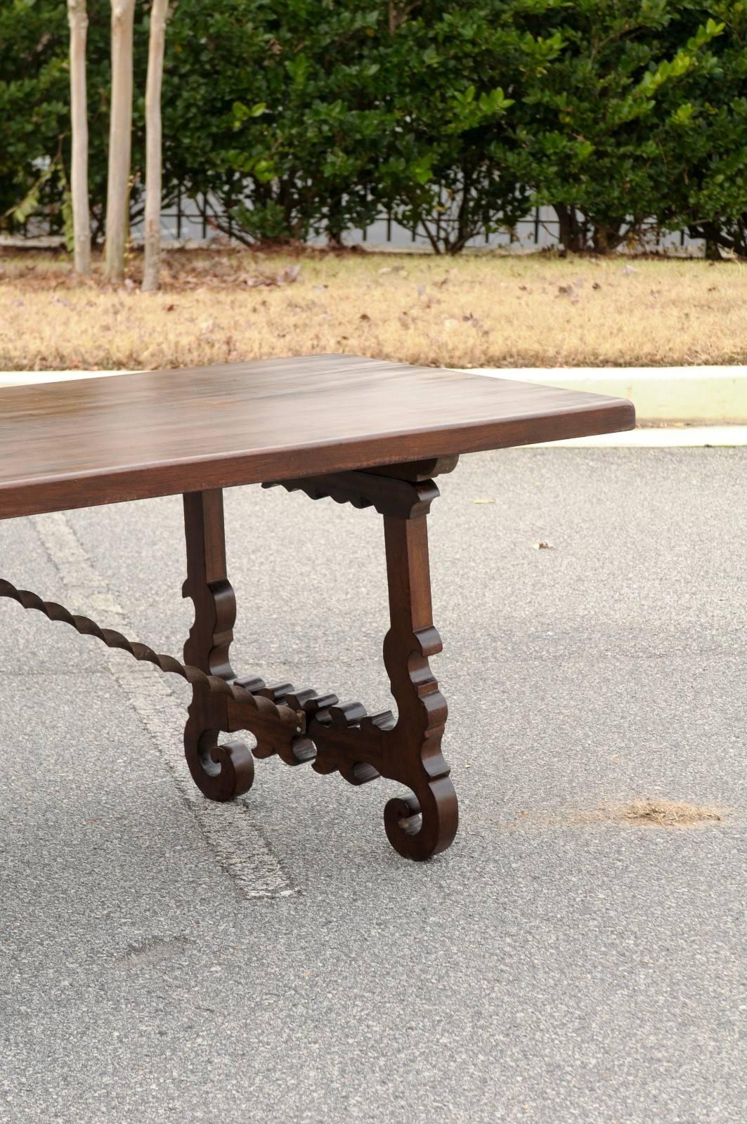 19th Century Italian Baroque Style Long Wooden Trestle Table with Iron Stretcher 1