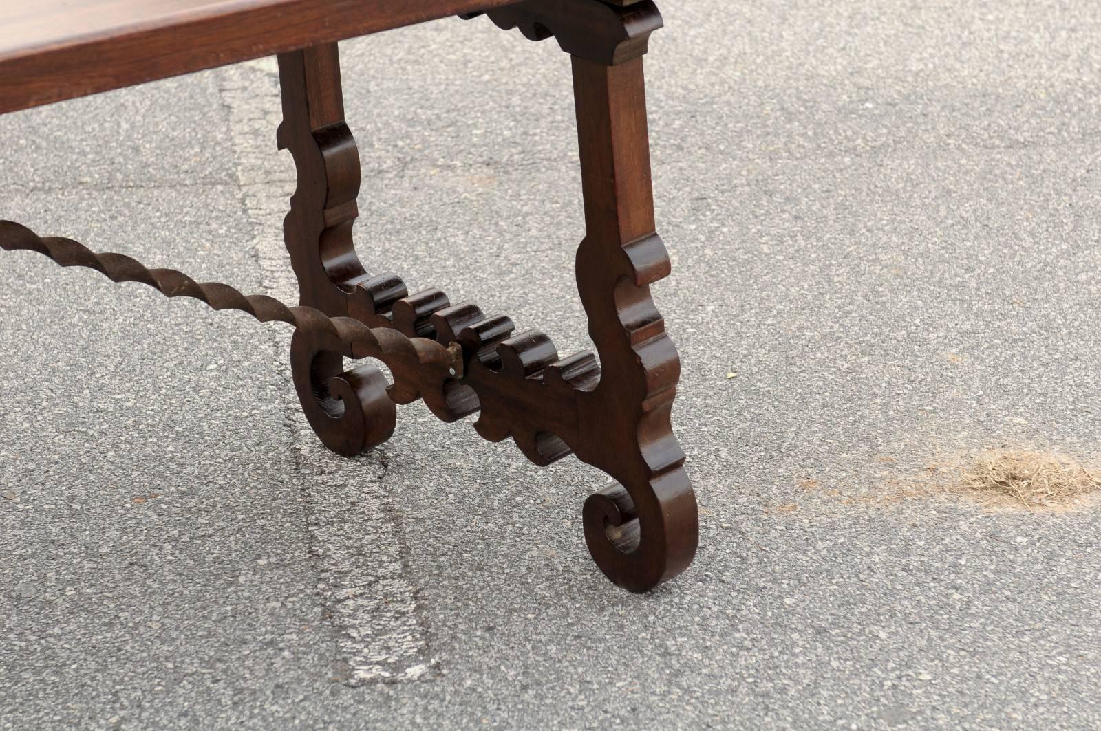 Walnut 19th Century Italian Baroque Style Long Wooden Trestle Table with Iron Stretcher