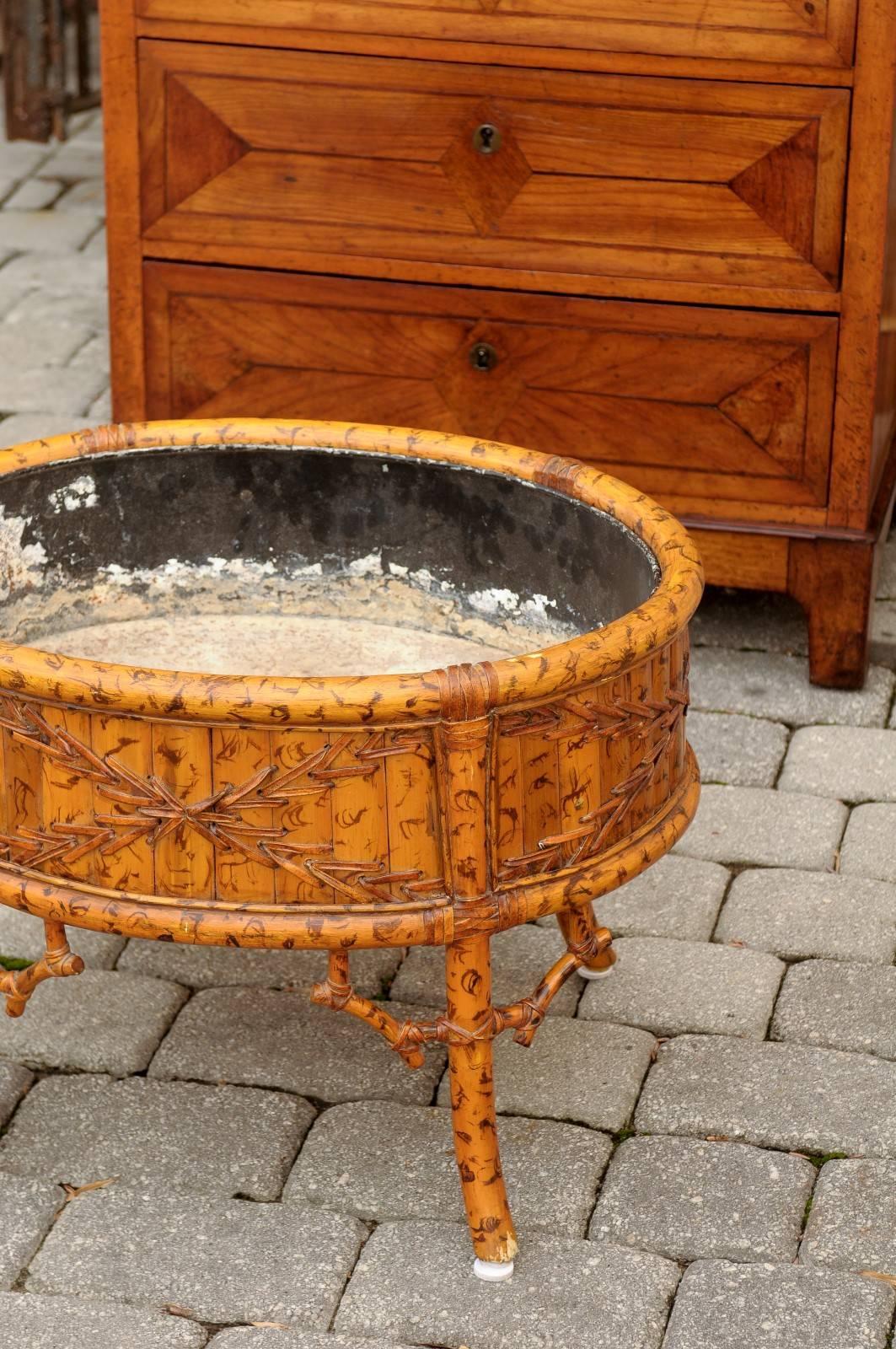 20th Century French Faux-Bamboo Round Turn of the Century Jardinière on Legs with Liner