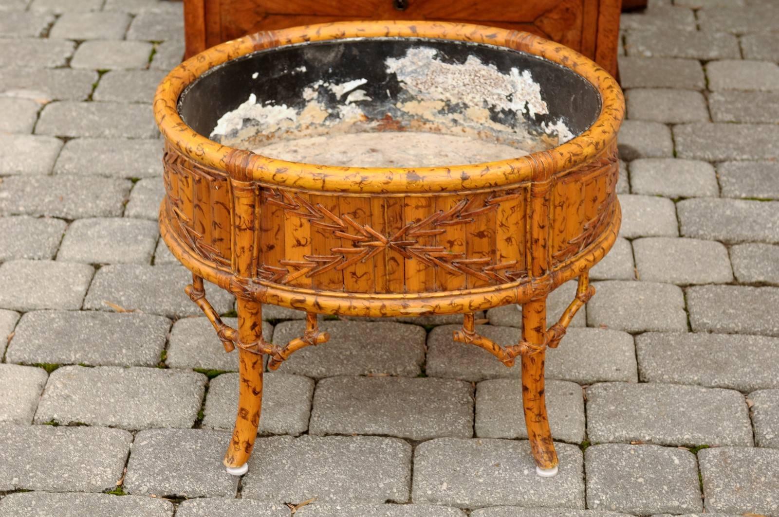 French Faux-Bamboo Round Turn of the Century Jardinière on Legs with Liner 1
