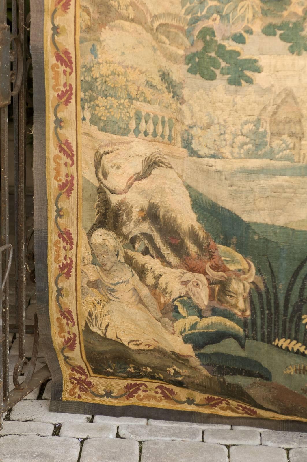 Woven French Aubusson Tapestry with Pastoral Scene in Vertical Format, circa 1800 For Sale