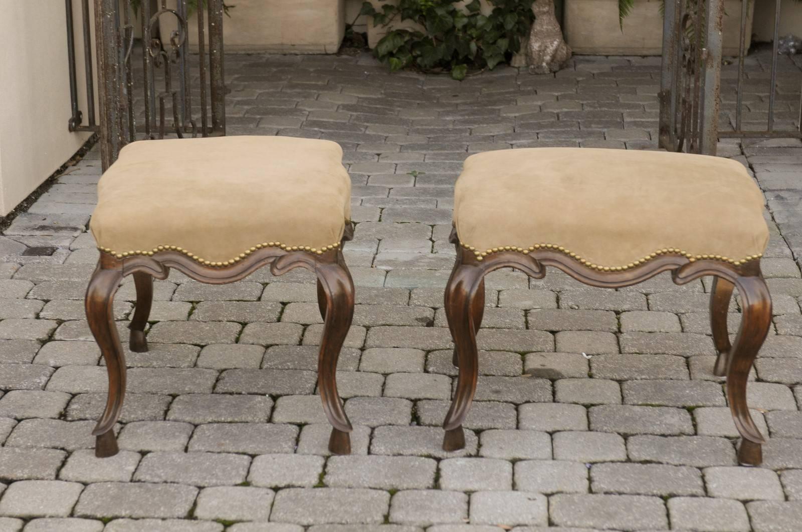 Pair of Italian 19th Century Rococo Style Walnut Stools with Suede Upholstery 2