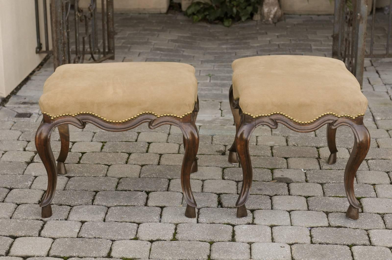Pair of Italian 19th Century Rococo Style Walnut Stools with Suede Upholstery 1