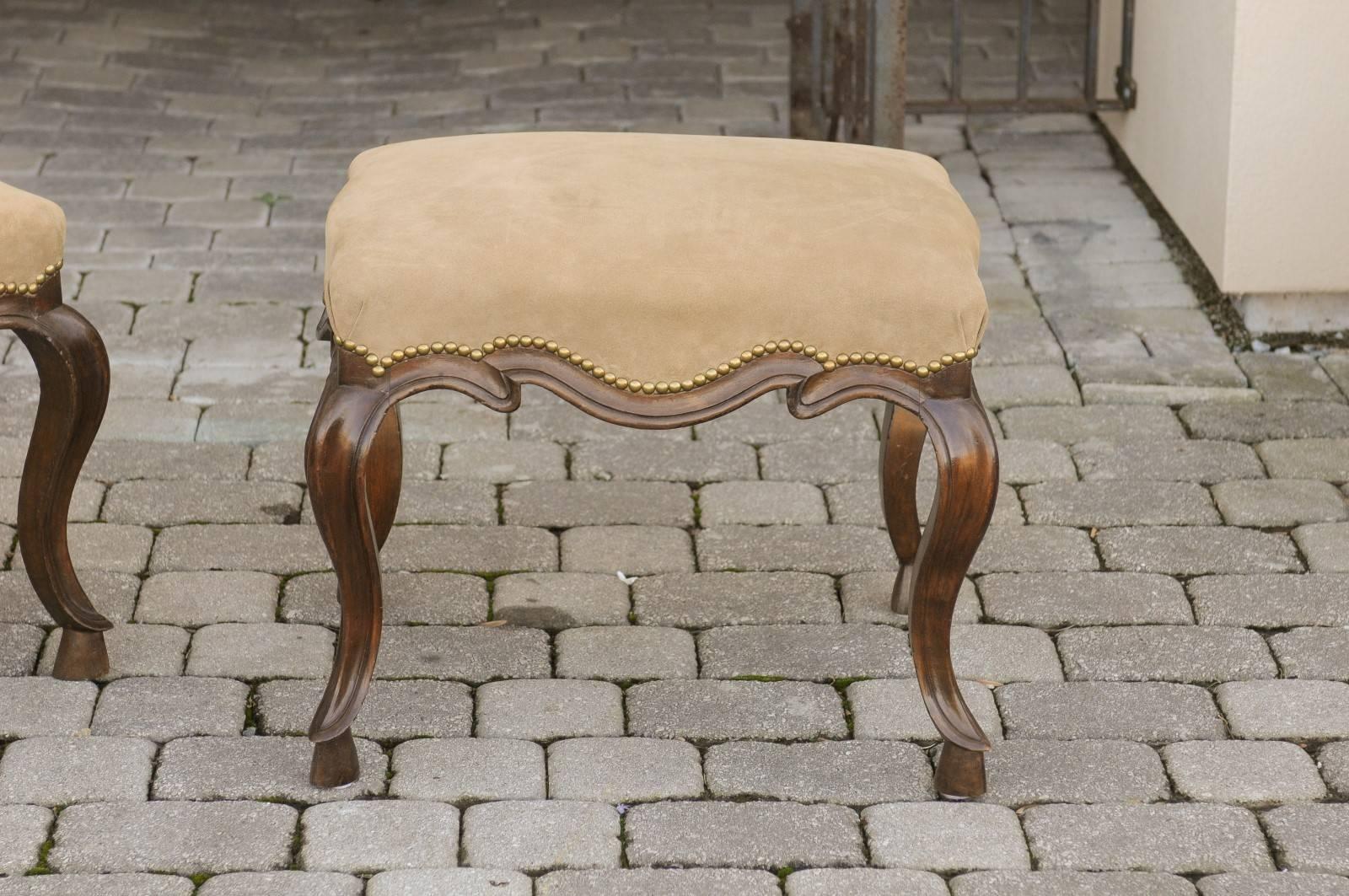 Pair of Italian 19th Century Rococo Style Walnut Stools with Suede Upholstery In Good Condition In Atlanta, GA