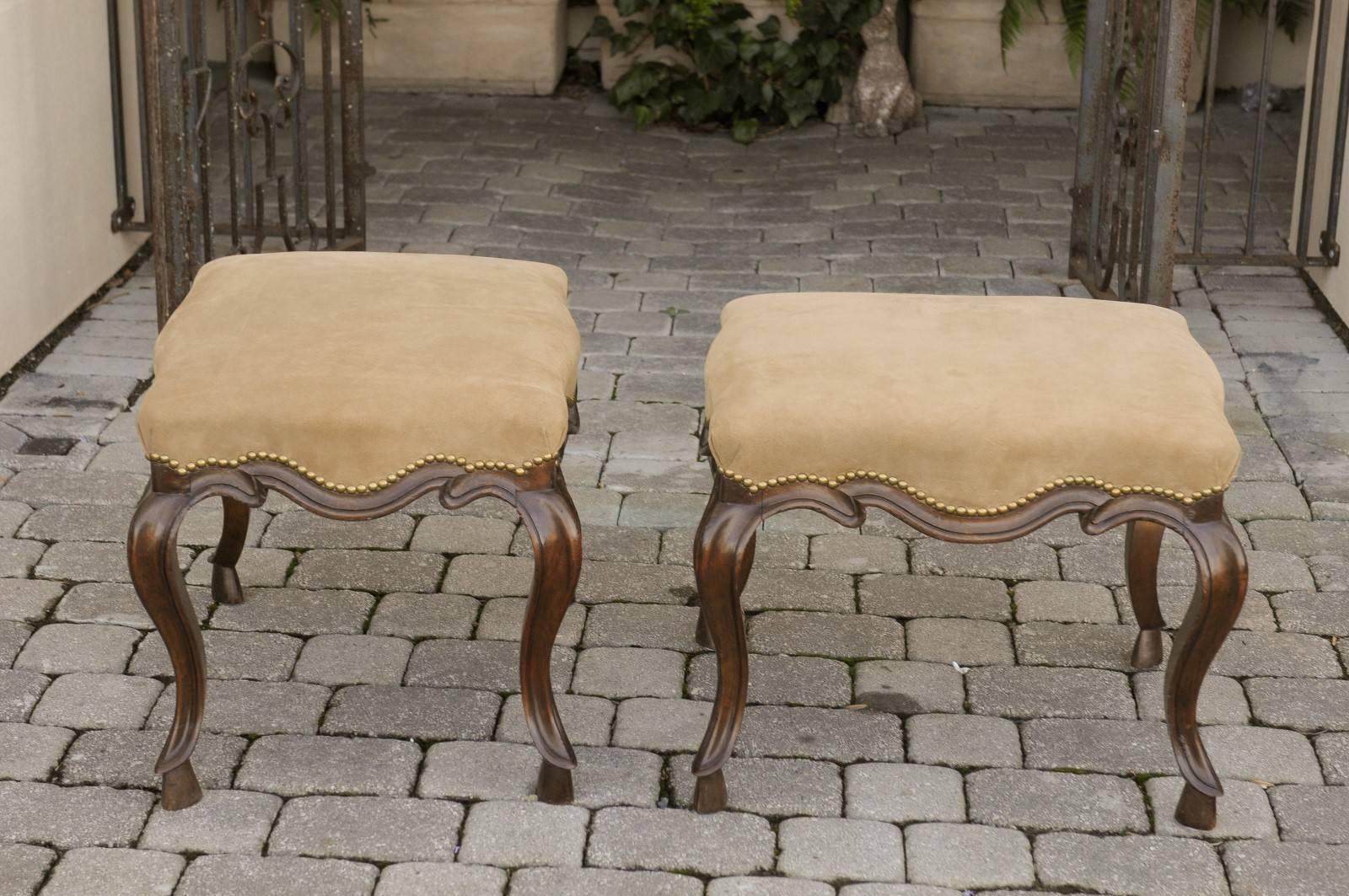 Pair of Italian 19th Century Rococo Style Walnut Stools with Suede Upholstery 5