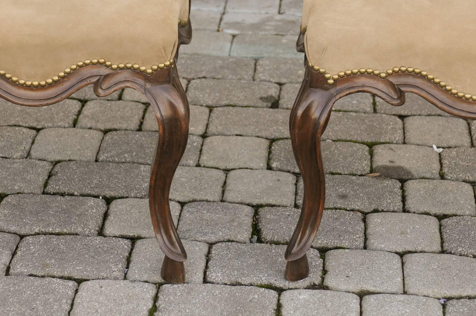 Pair of Italian 19th Century Rococo Style Walnut Stools with Suede Upholstery 4