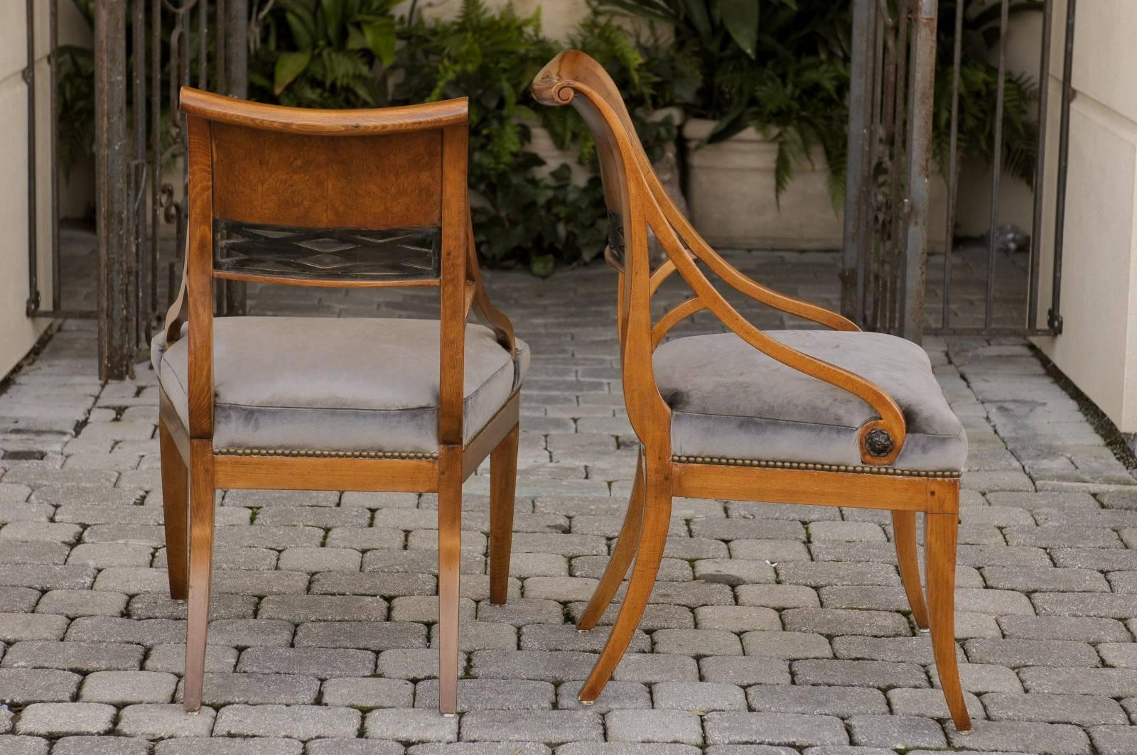 Pair of 19th Century Biedermeier Chairs with Grey Silk Velvet Upholstered Seats In Good Condition In Atlanta, GA