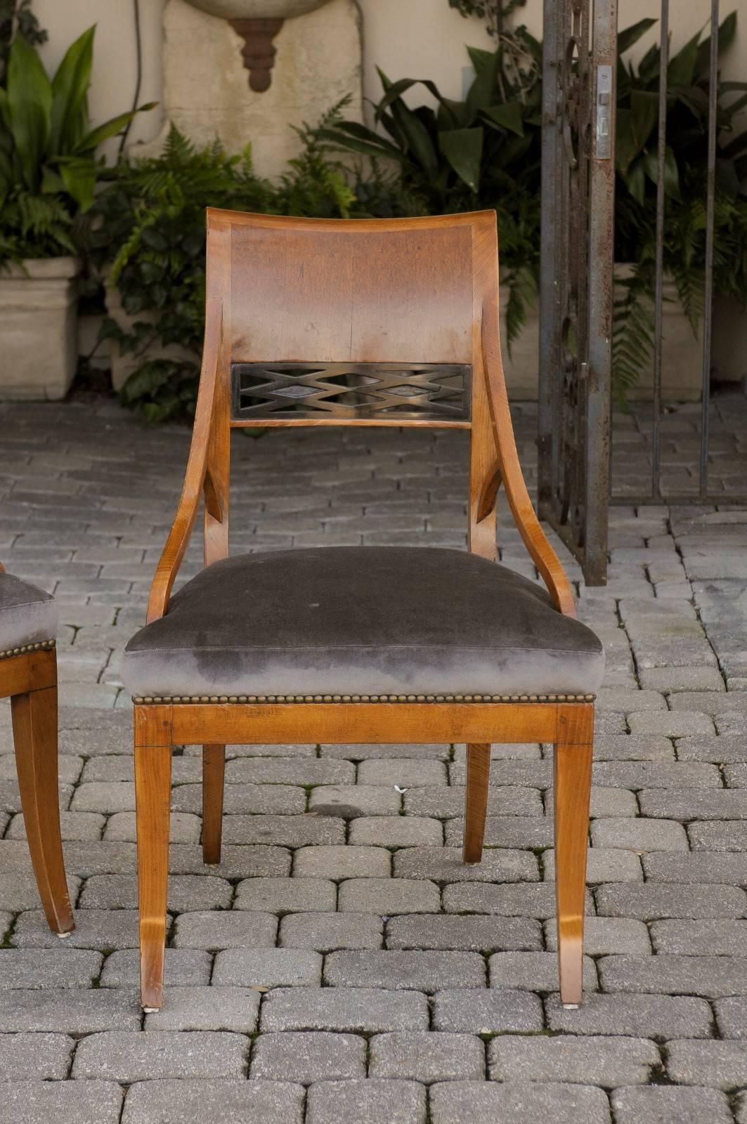 Wood Pair of 19th Century Biedermeier Chairs with Grey Silk Velvet Upholstered Seats