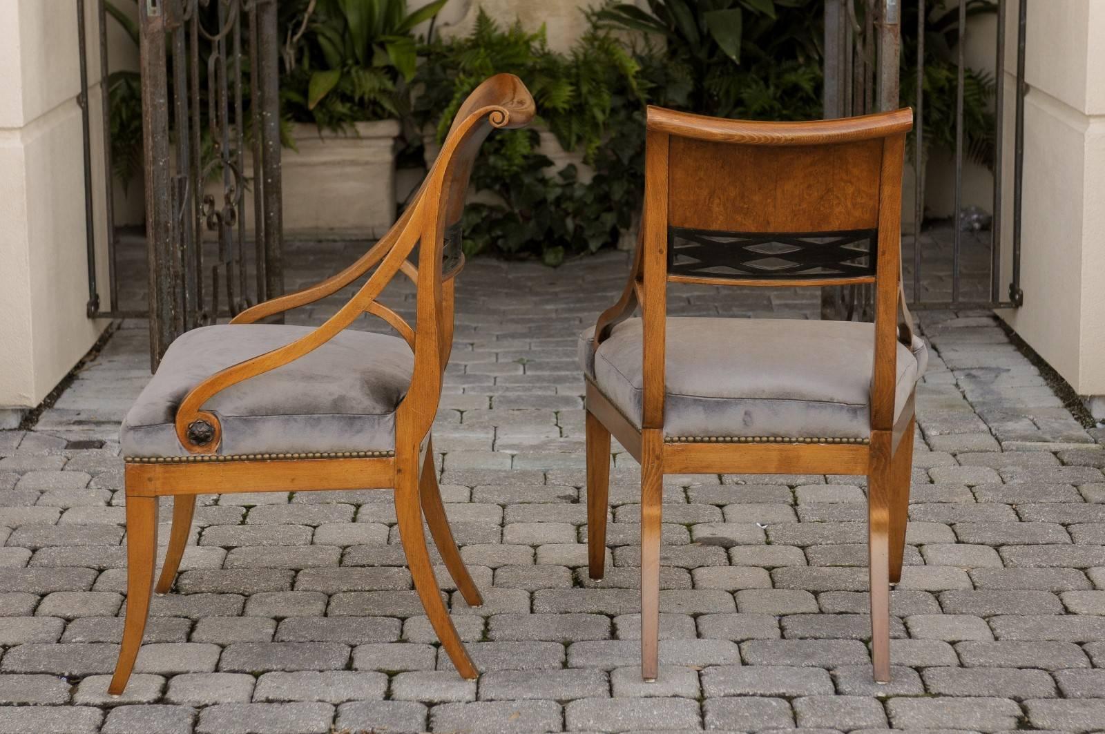Pair of 19th Century Biedermeier Chairs with Grey Silk Velvet Upholstered Seats 1