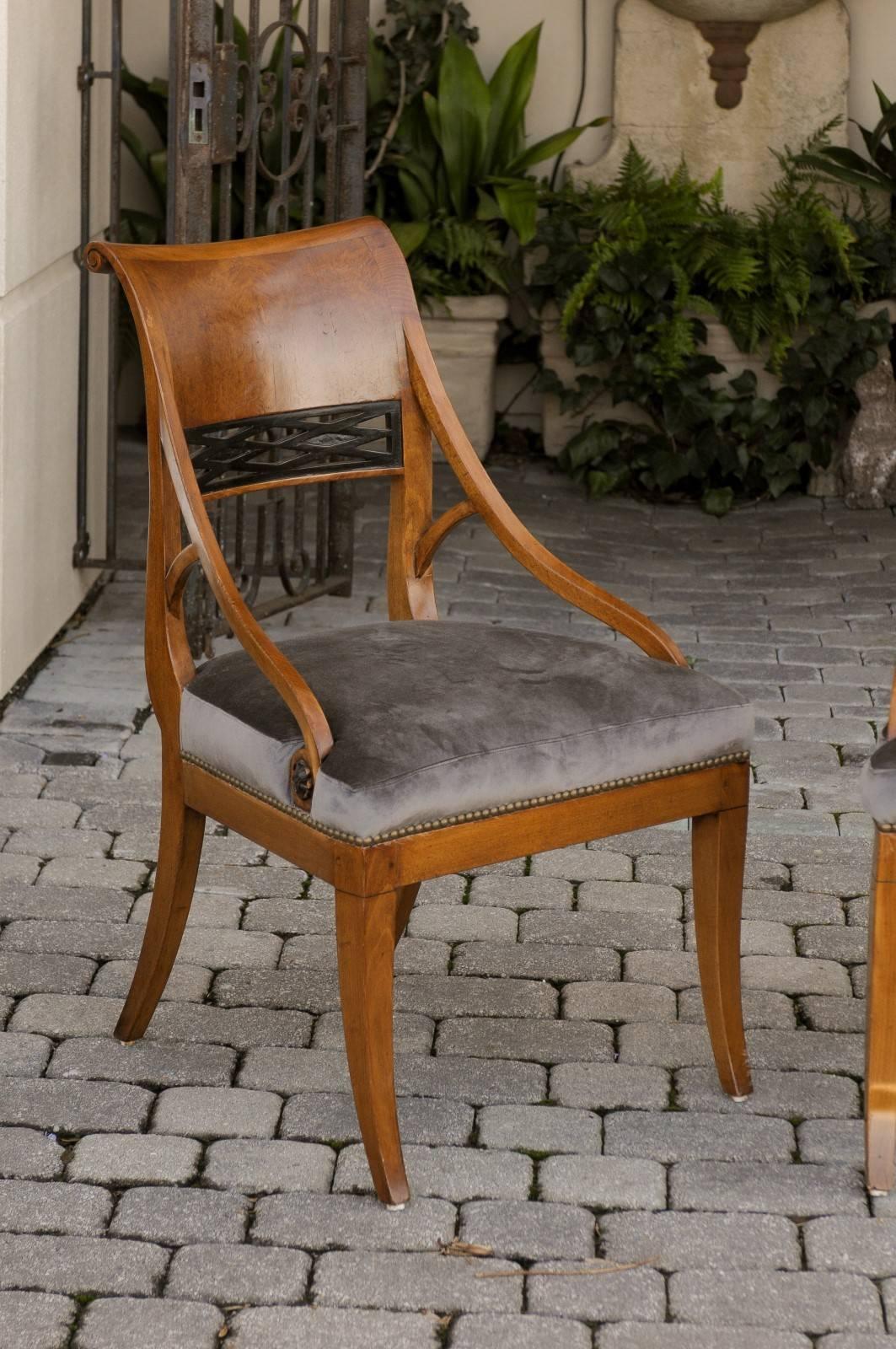 Pair of 19th Century Biedermeier Chairs with Grey Silk Velvet Upholstered Seats 2