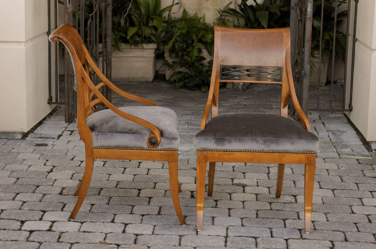 Pair of 19th Century Biedermeier Chairs with Grey Silk Velvet Upholstered Seats 4
