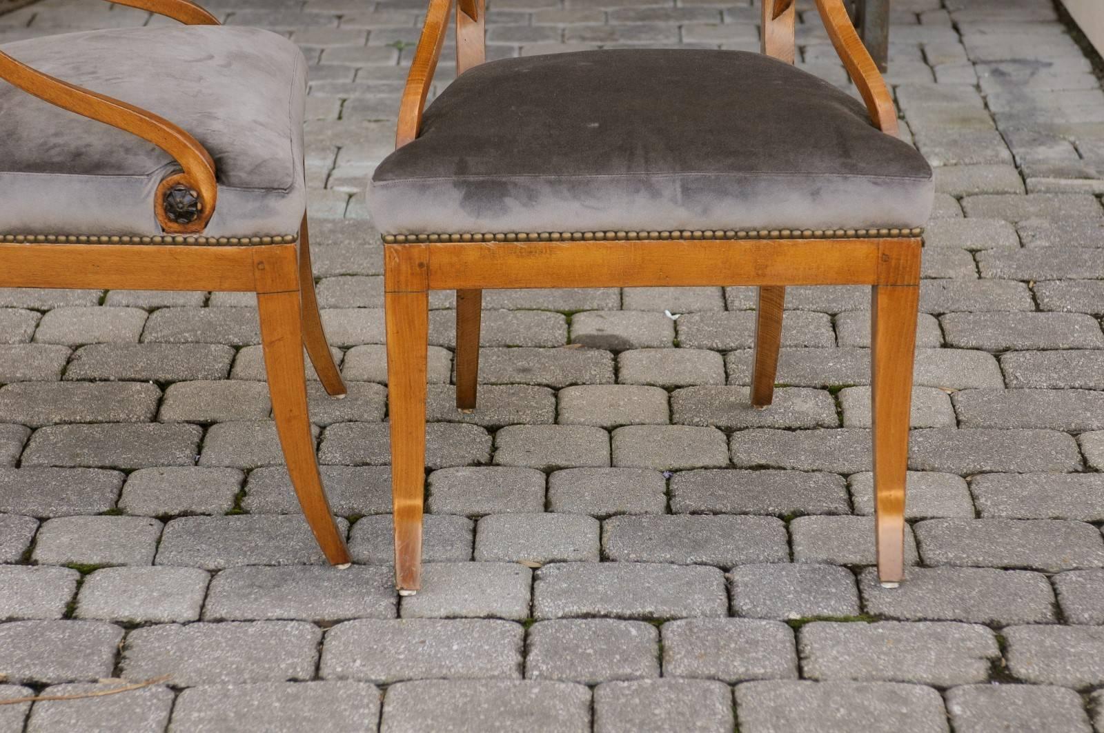 Pair of 19th Century Biedermeier Chairs with Grey Silk Velvet Upholstered Seats 5
