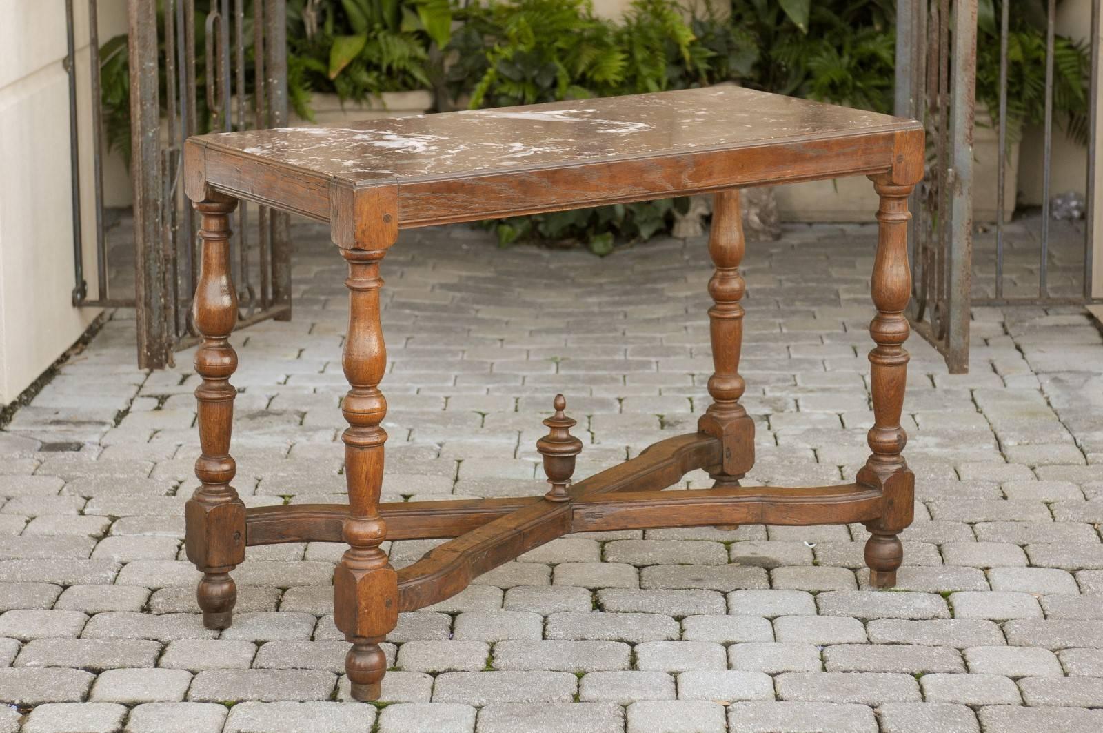 French marble-top pastry table with nice stretcher.