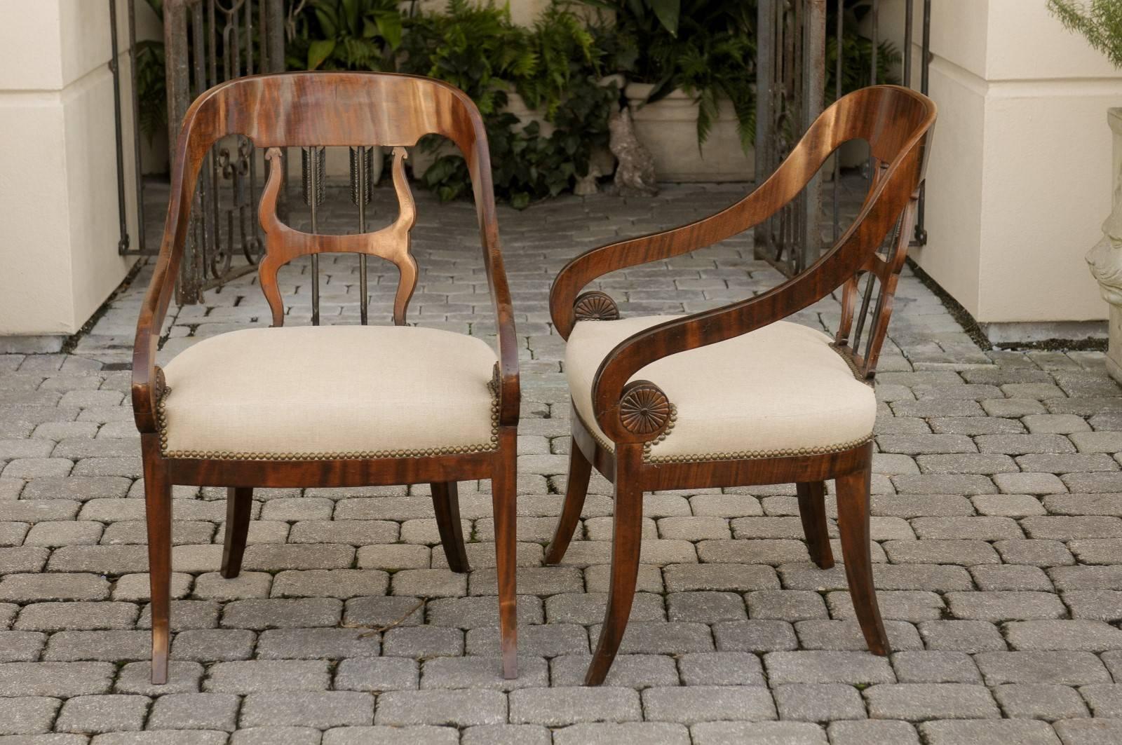 19th Century Pair of Austrian 1860s Biedermeier Armchairs with Arrow Motifs and Scrolled Arms