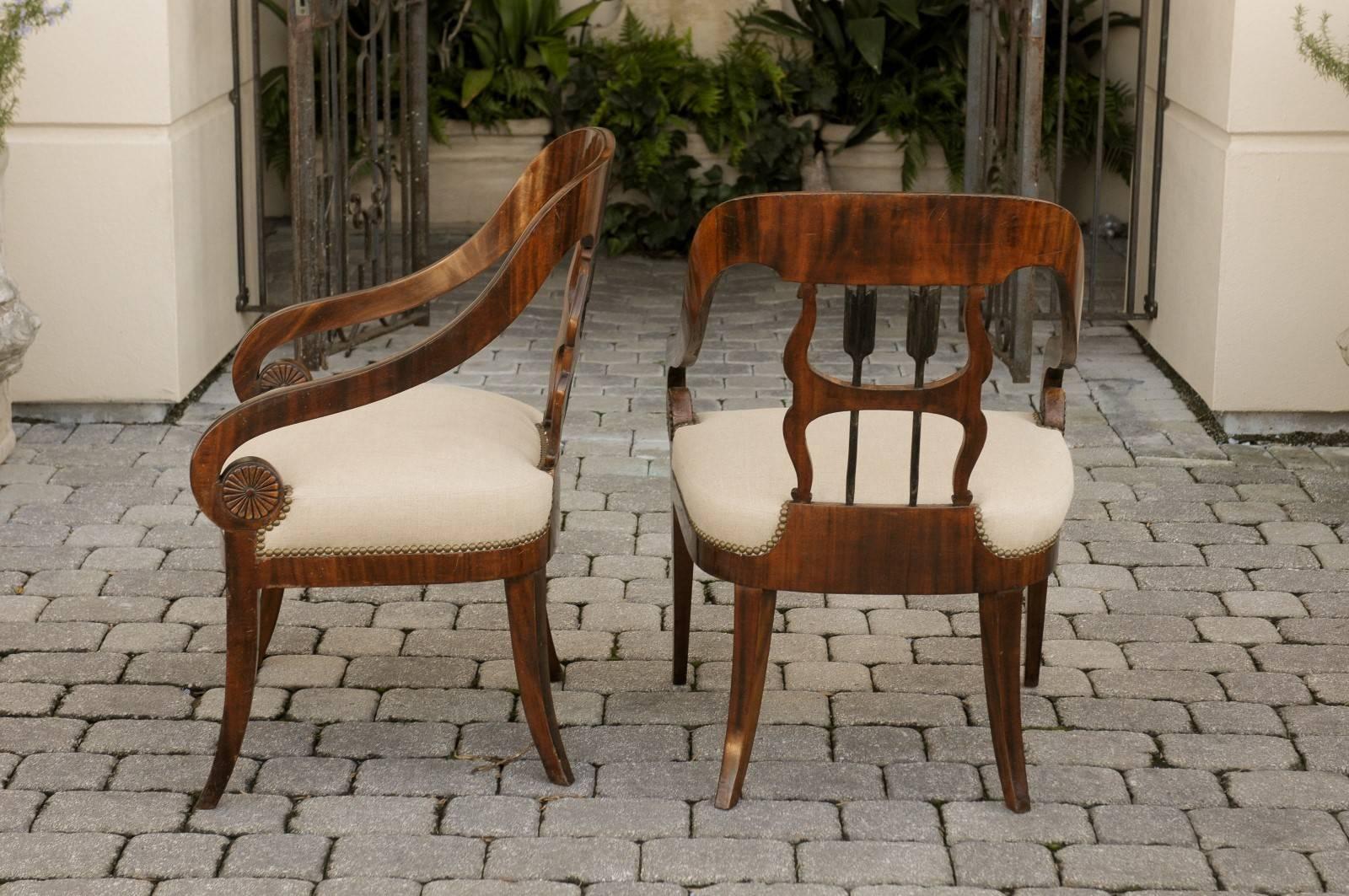 Upholstery Pair of Austrian 1860s Biedermeier Armchairs with Arrow Motifs and Scrolled Arms