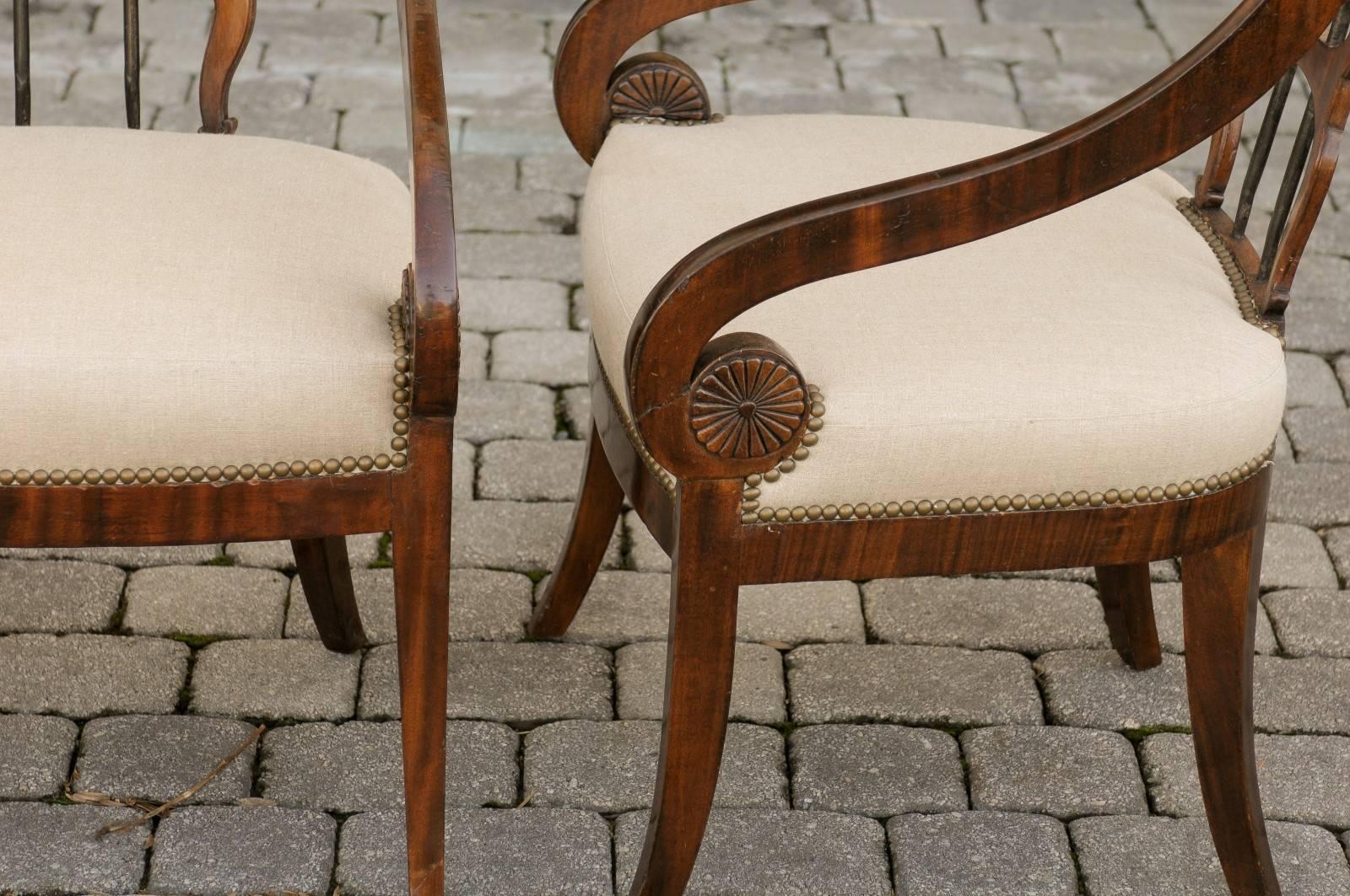 Pair of Austrian 1860s Biedermeier Armchairs with Arrow Motifs and Scrolled Arms 2