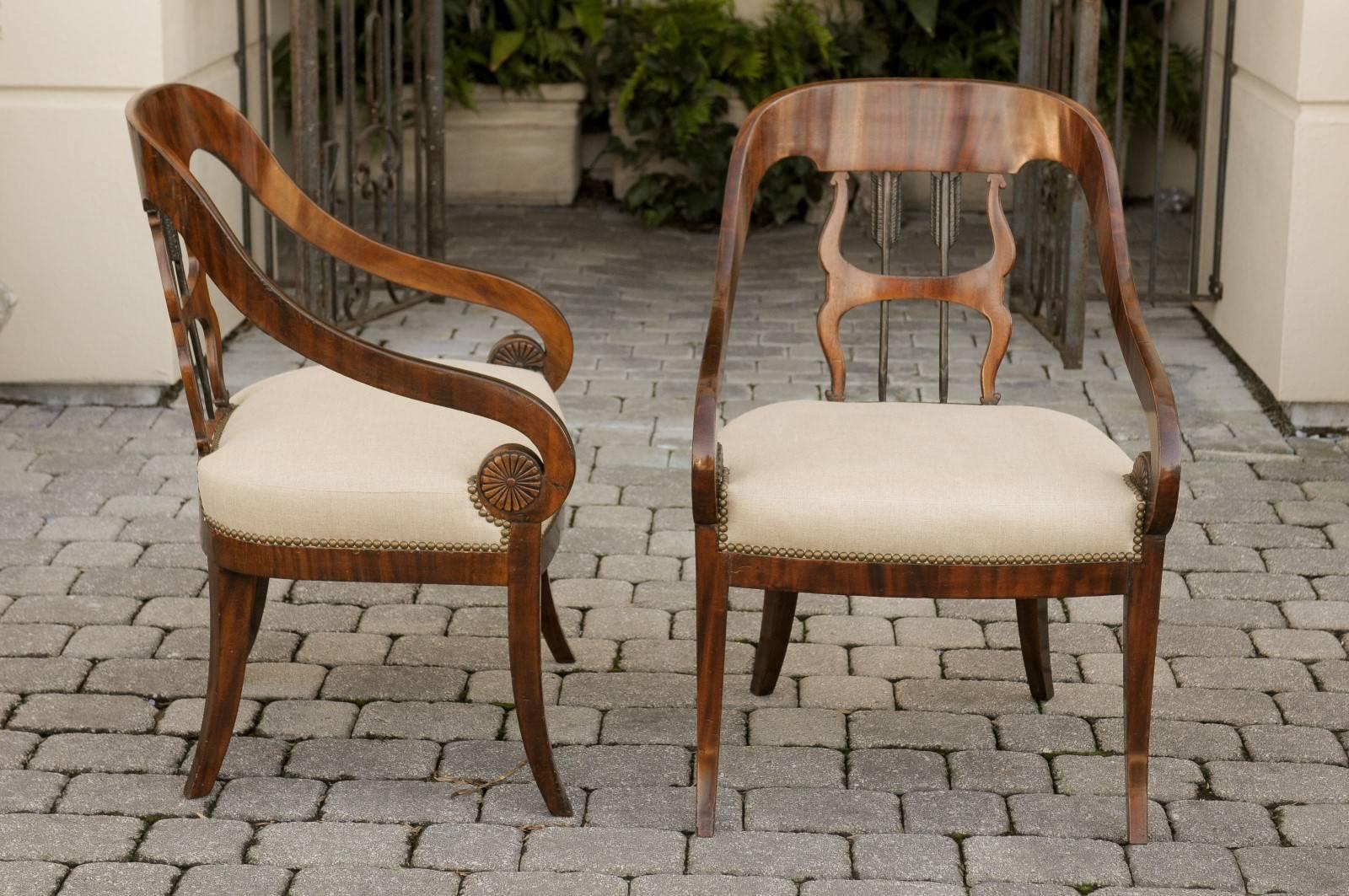 Pair of Austrian 1860s Biedermeier Armchairs with Arrow Motifs and Scrolled Arms 3