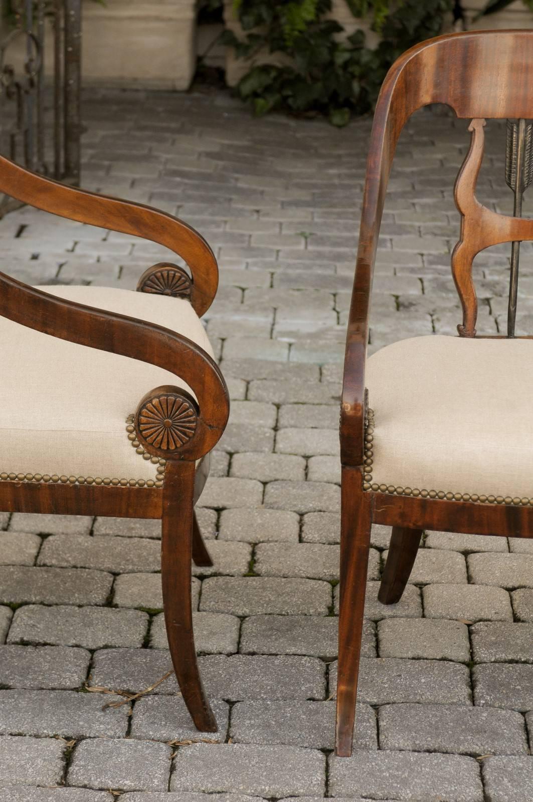 Pair of Austrian 1860s Biedermeier Armchairs with Arrow Motifs and Scrolled Arms 4
