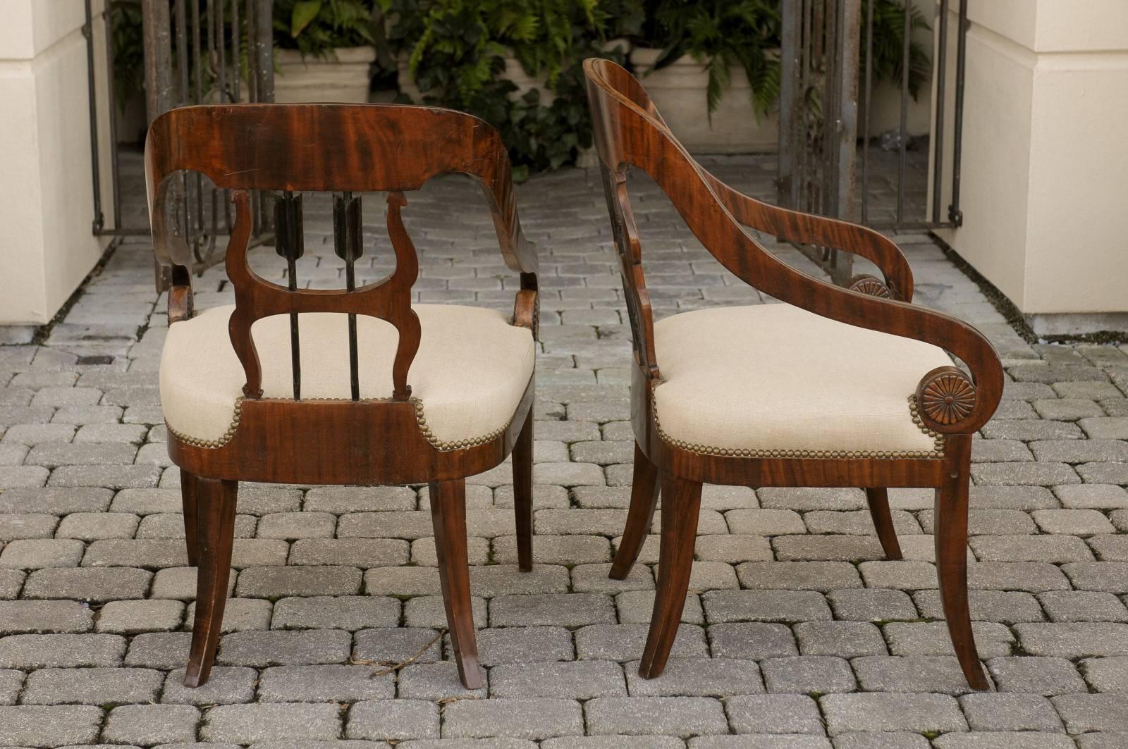 Pair of Austrian 1860s Biedermeier Armchairs with Arrow Motifs and Scrolled Arms 5