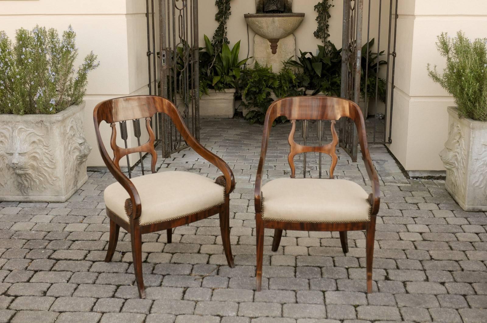 Pair of Austrian 1860s Biedermeier Armchairs with Arrow Motifs and Scrolled Arms In Good Condition In Atlanta, GA